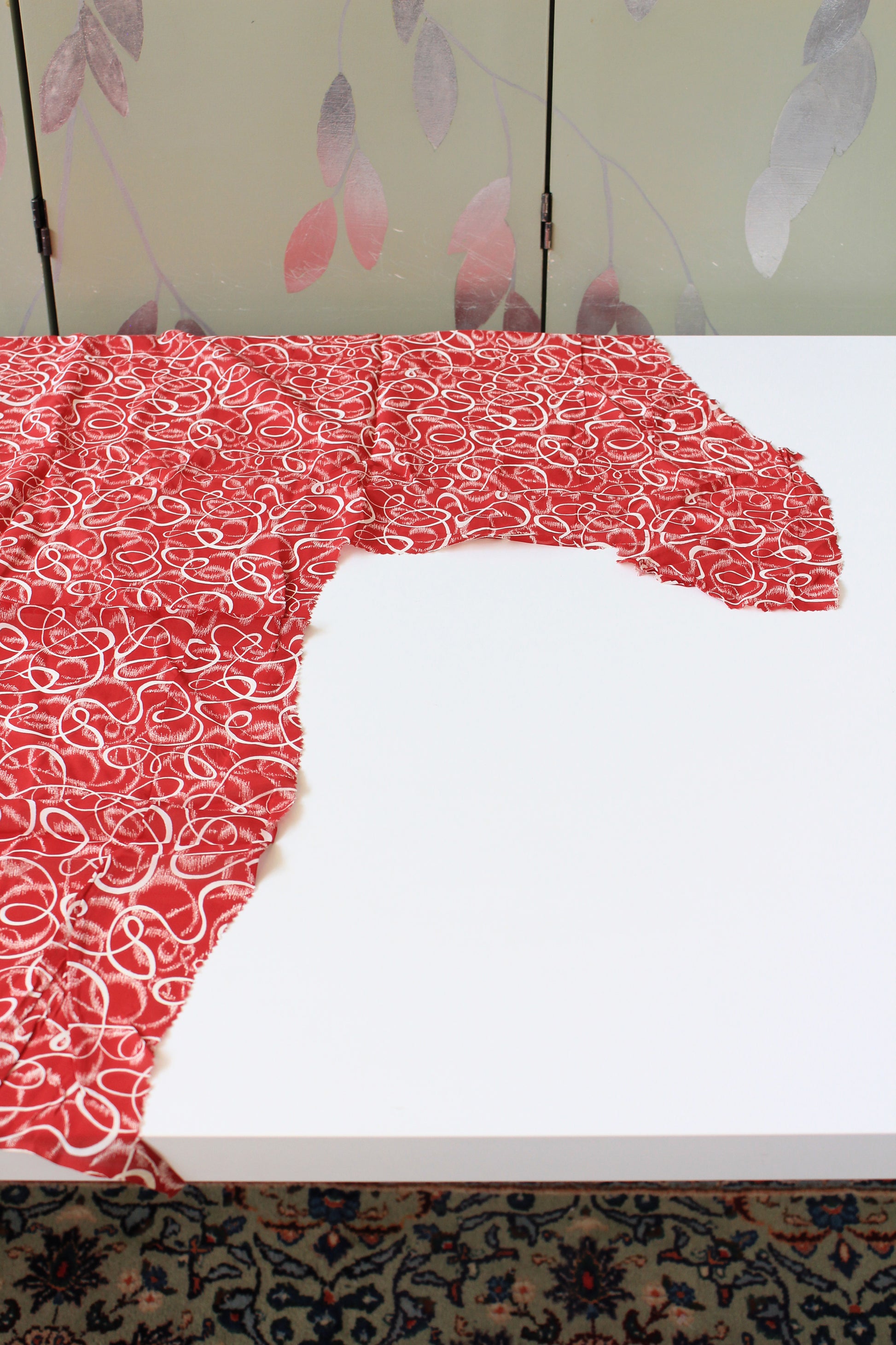 1940s Red And White Swirl Print Rayon Sewing Fabric, 3.1 Yards