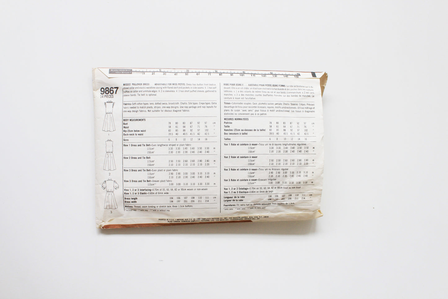 1980s Miss Pullover Dress Simplicity 9867 Sewing Pattern, Cut - Complete, Size 12