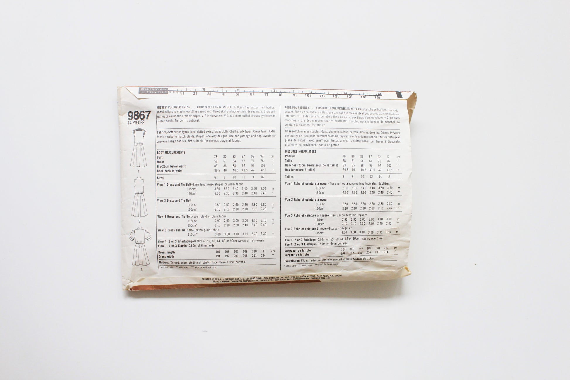 1980s Miss Pullover Dress Simplicity 9867 Sewing Pattern, Cut - Complete, Size 12