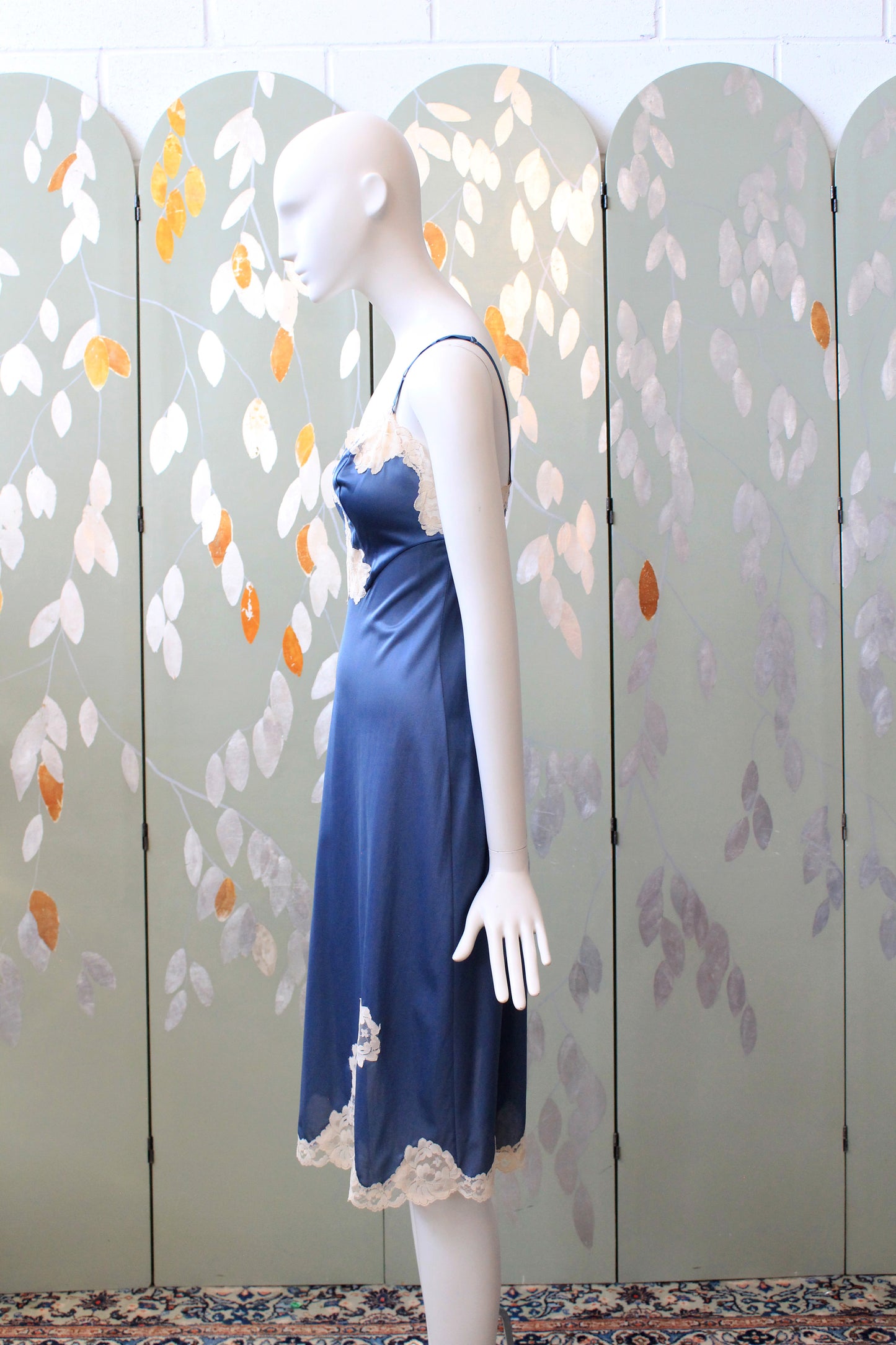 1990s Blue And Cream Nightgown Slip With Lace Trim, XS