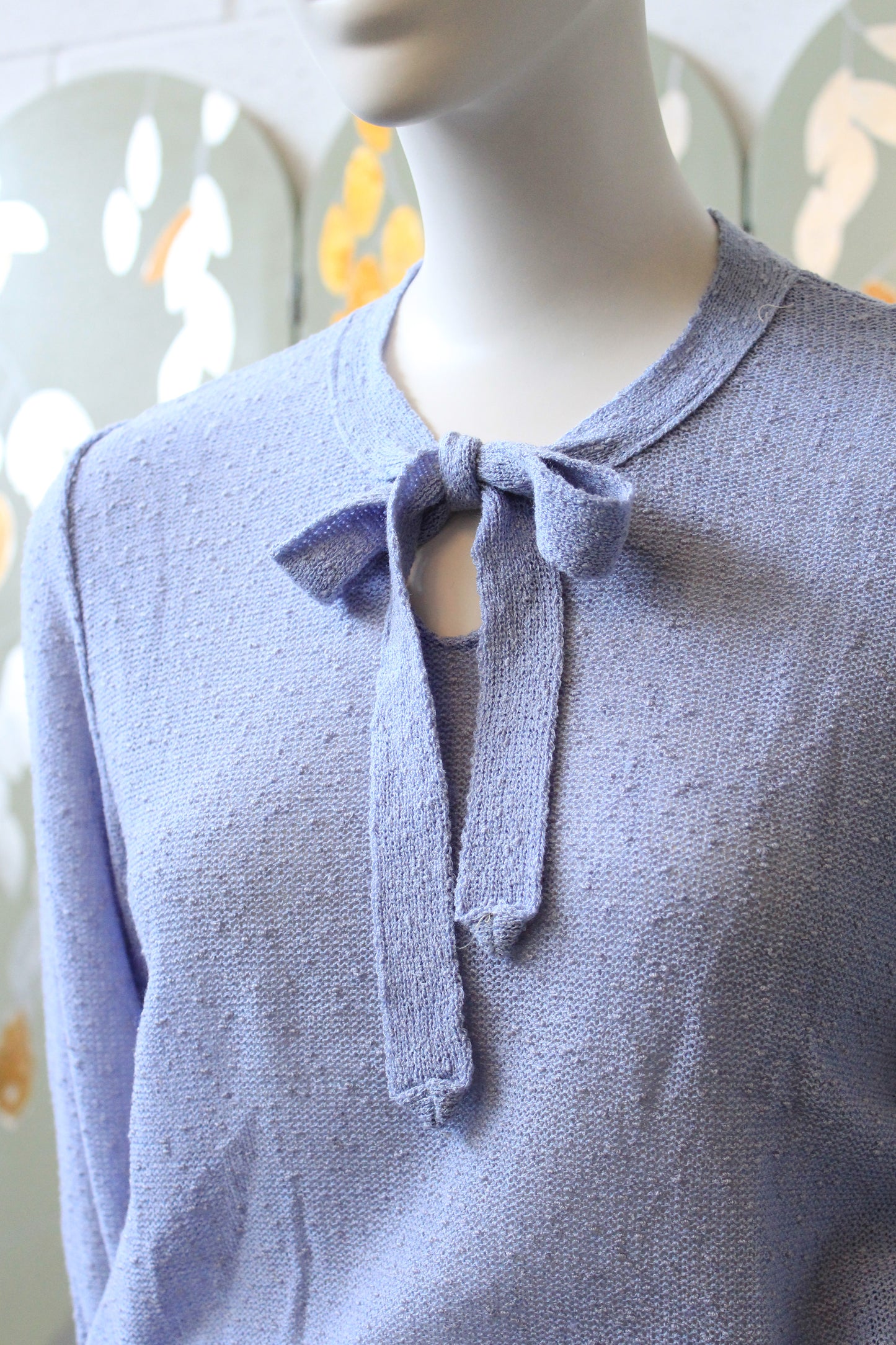 1970s Deadstock Long Sleeve Sky Blue Acrylic Knit Top With Bow , XS