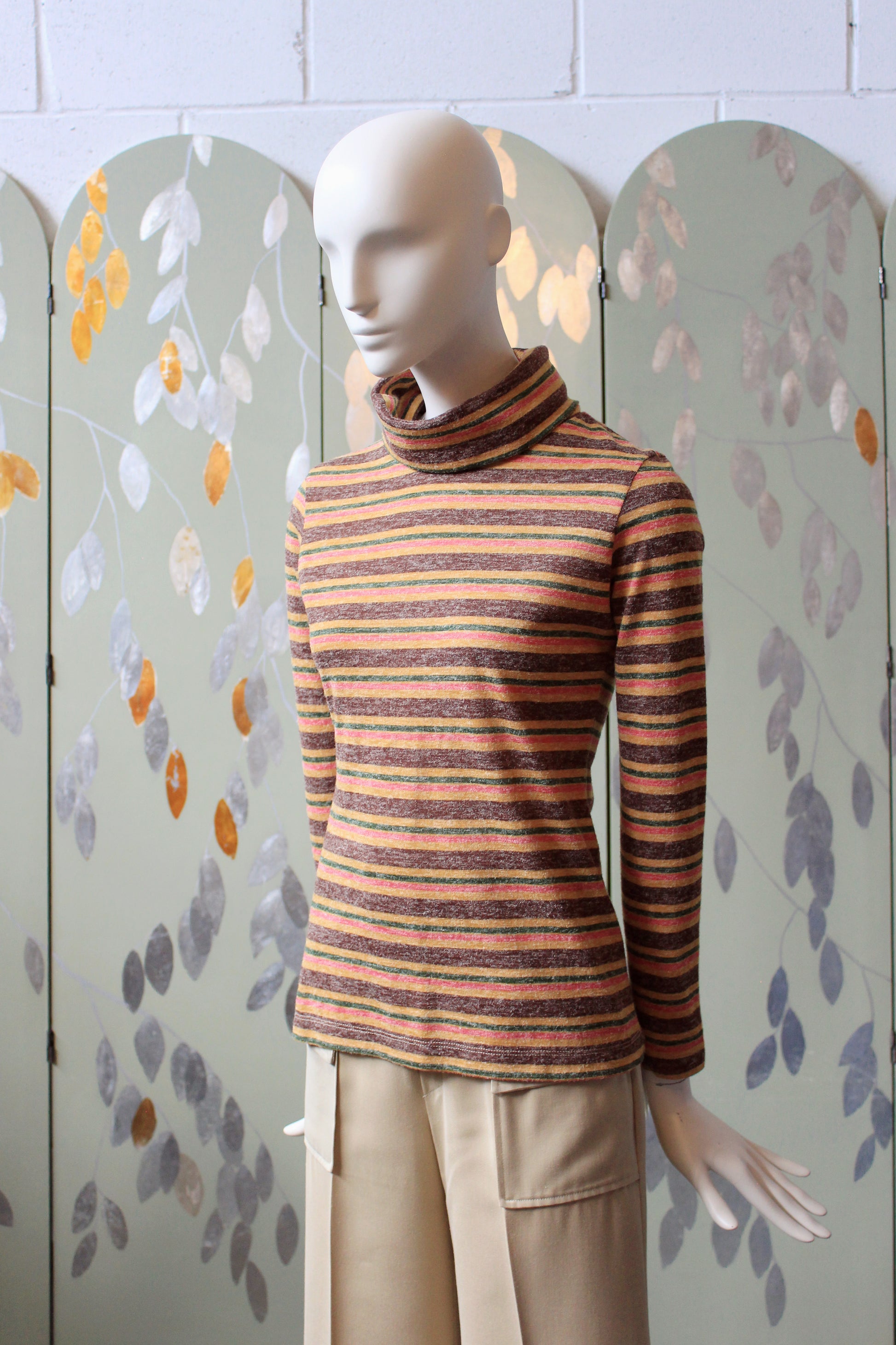 1970s Multicoloured Striped Wide Neck Long Sleeve Turtleneck, XS
