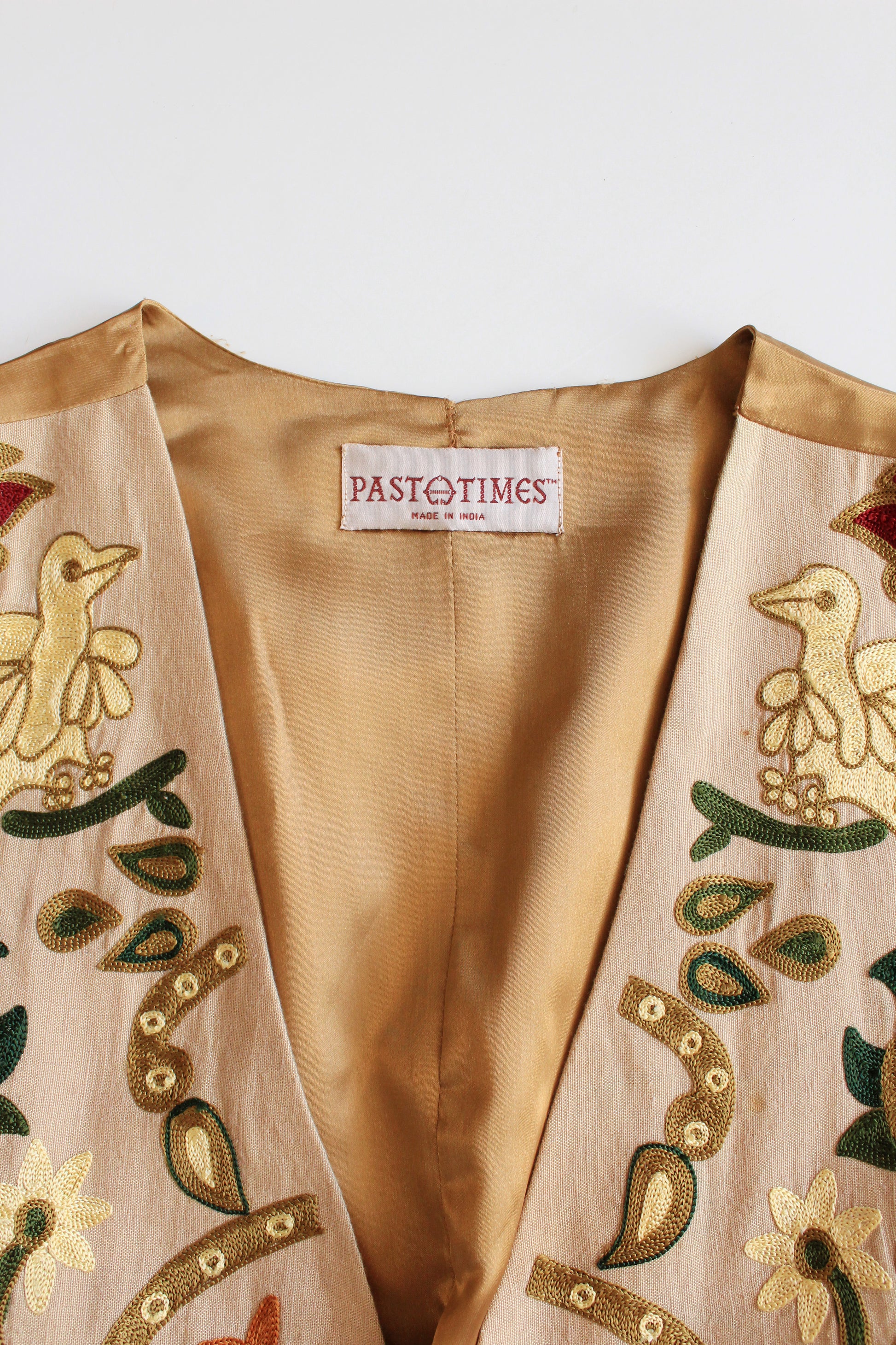 Whimsical Cream Floral and Bird Embroidered Vest, Made In India, Large