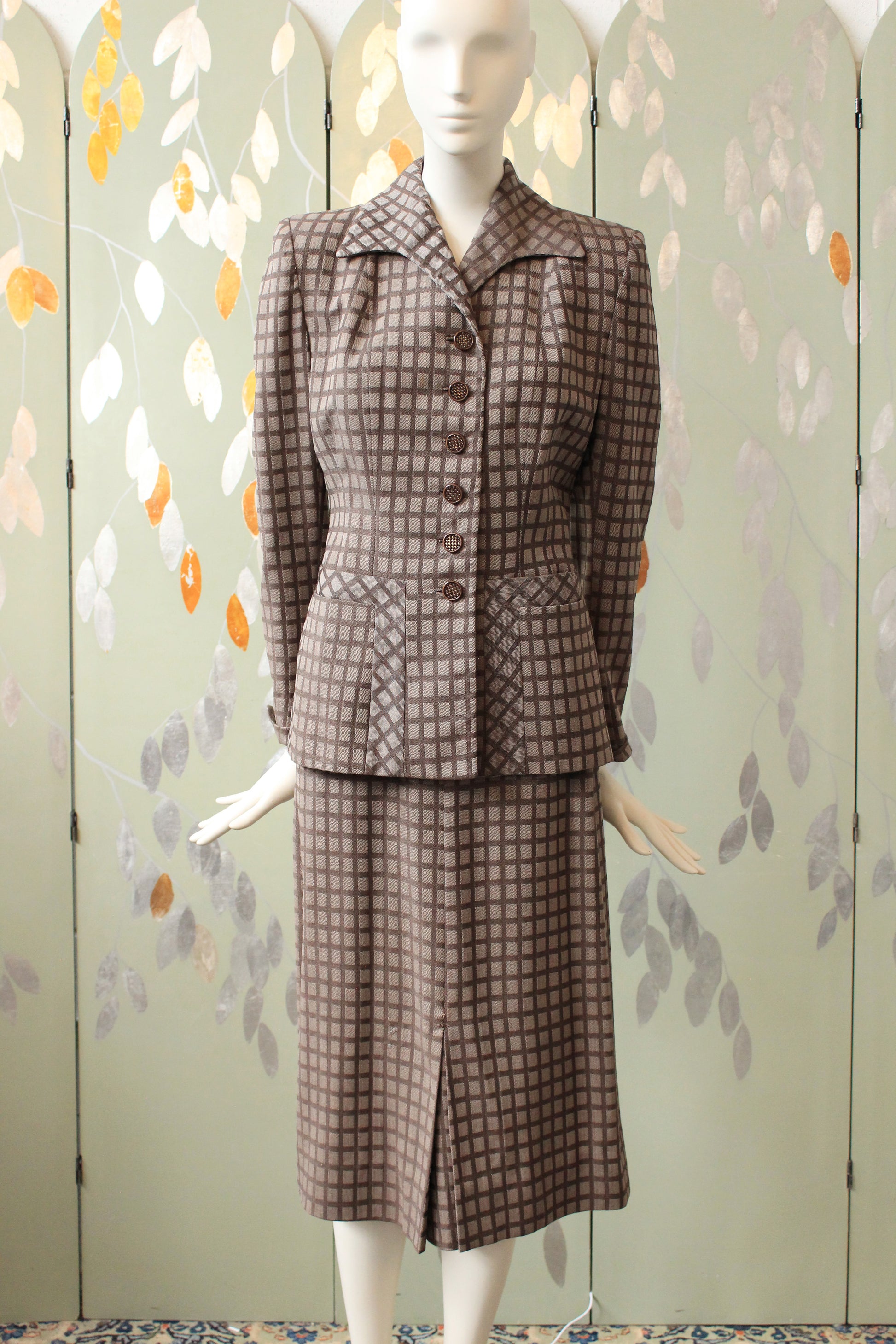 Vintage 1950s Purple And Taupe Checkered Skirt Suit Set, XS