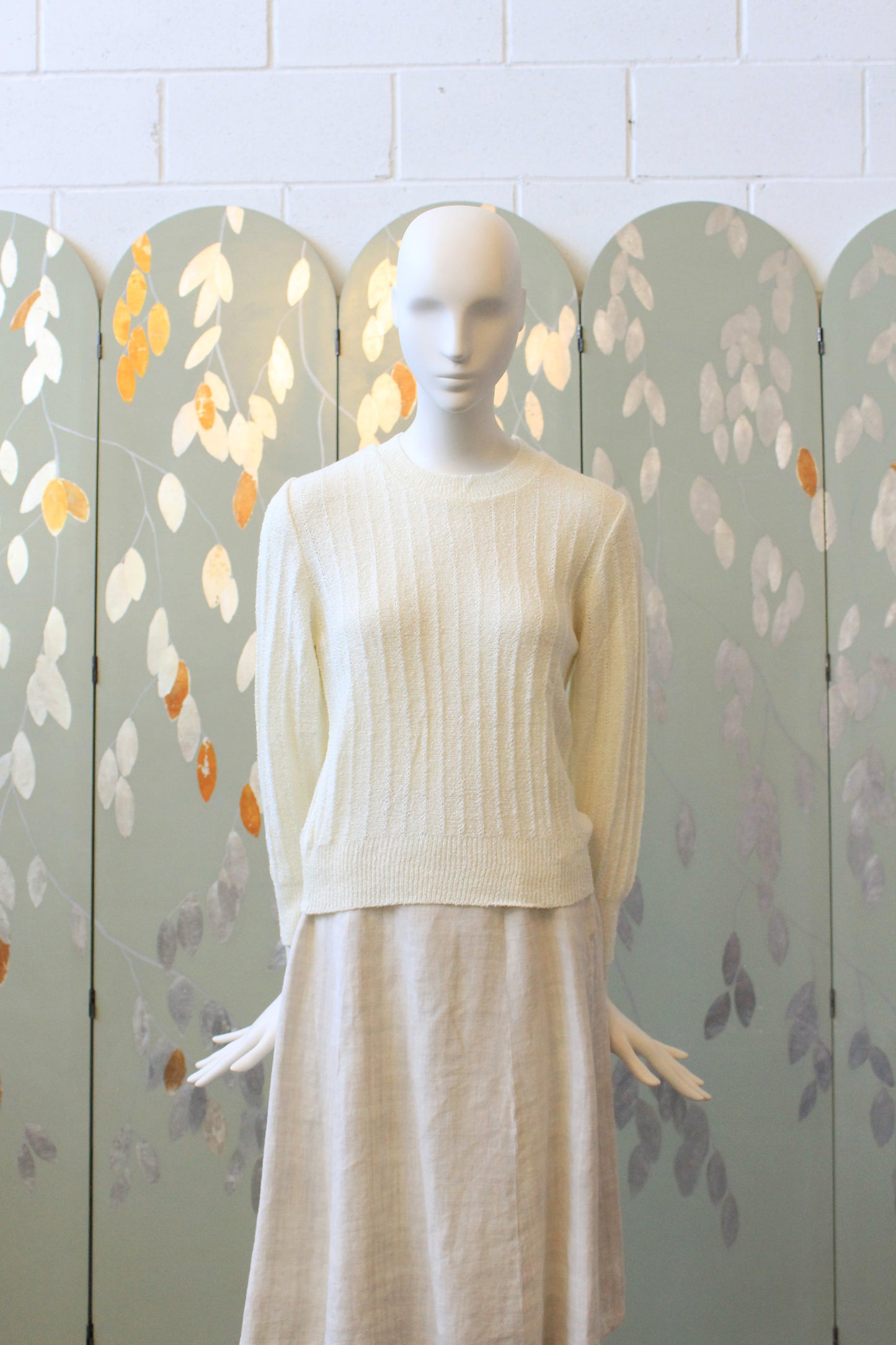 1980s Cream Deadstock Long Sleeve Crew Neck Top, Small