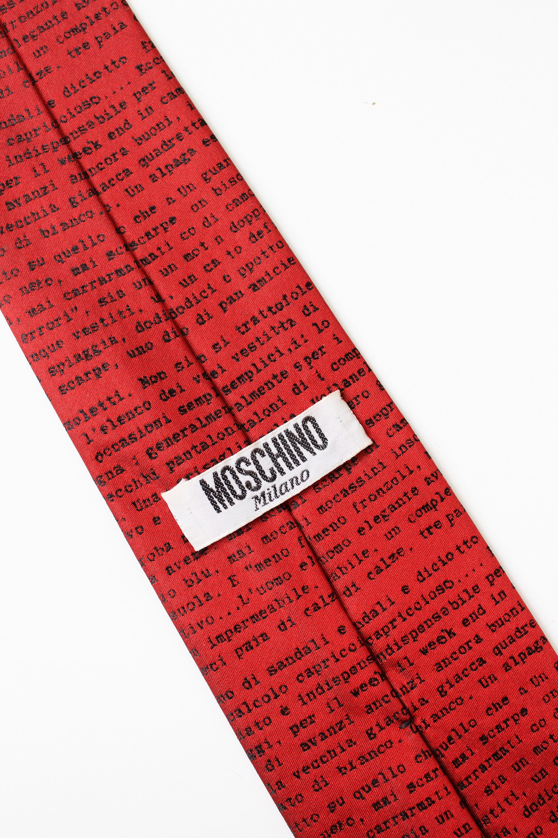 1990s Moschino Red Silk Designer Tie With Text Print