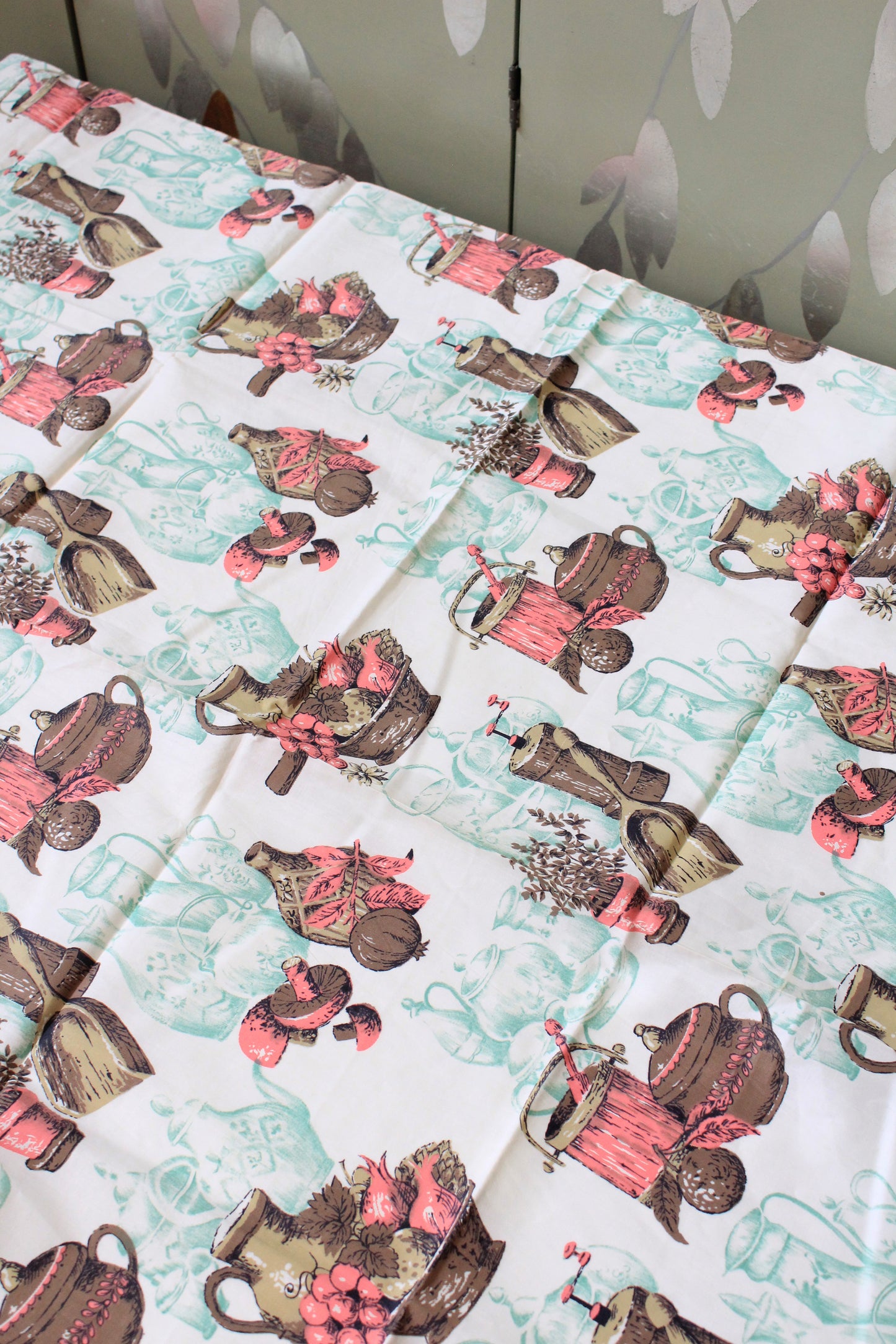 1960s Pink, Blue And Brown Fruit Basket Cotton Sewing Fabric, 2 Yards