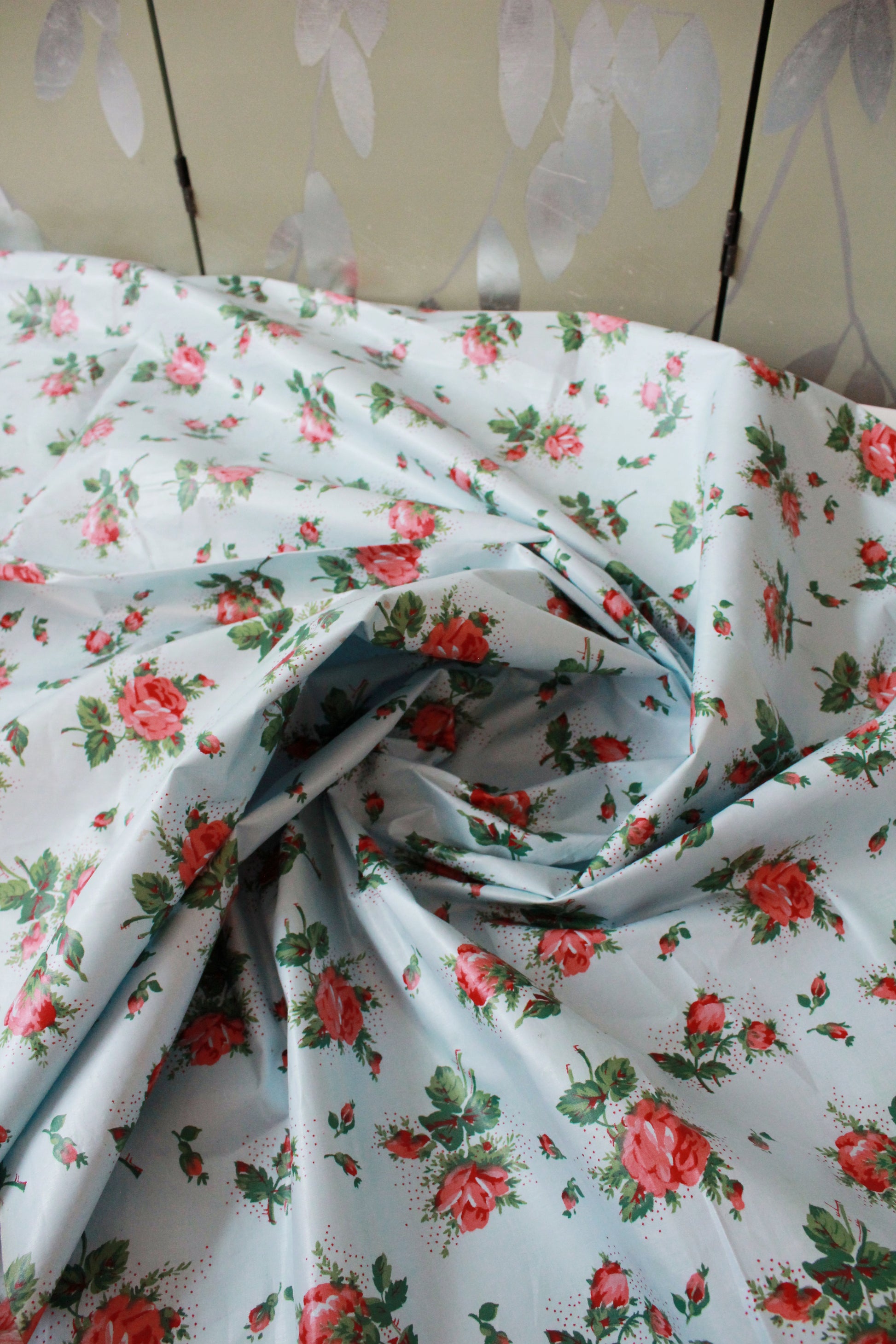 Vintage 1950s Polished Cotton Chintz Floral Print Fabric, 11.8 Yards