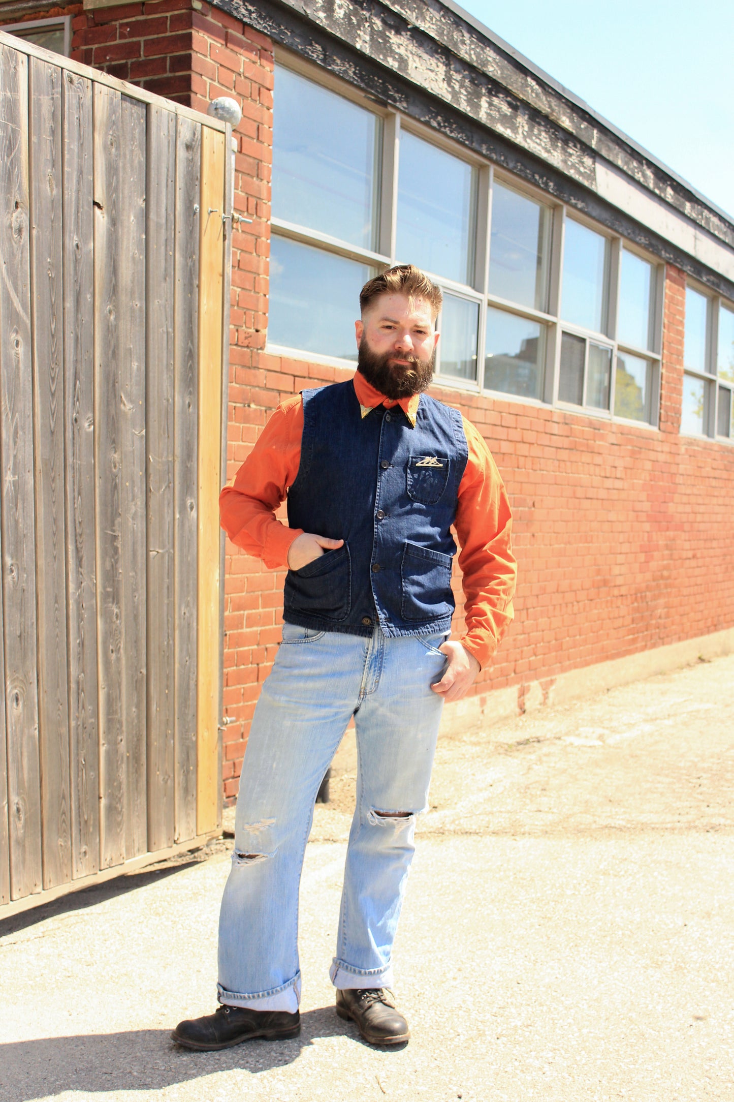 Men's Universal Works Navy Cotton Denim Chore Waistcoat, XL