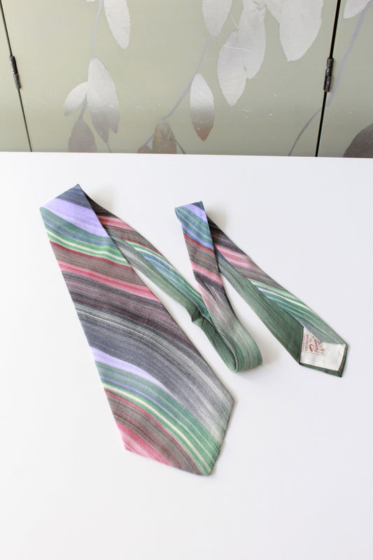 Vintage 1950s Purple/Green/Magenta/Grey Stripe Hand Painted Rayon Tie