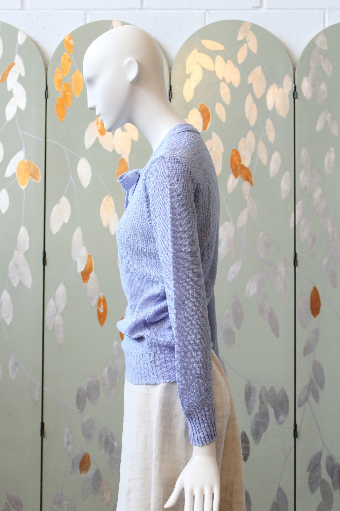 1970s Deadstock Long Sleeve Sky Blue Acrylic Knit Top With Bow , XS