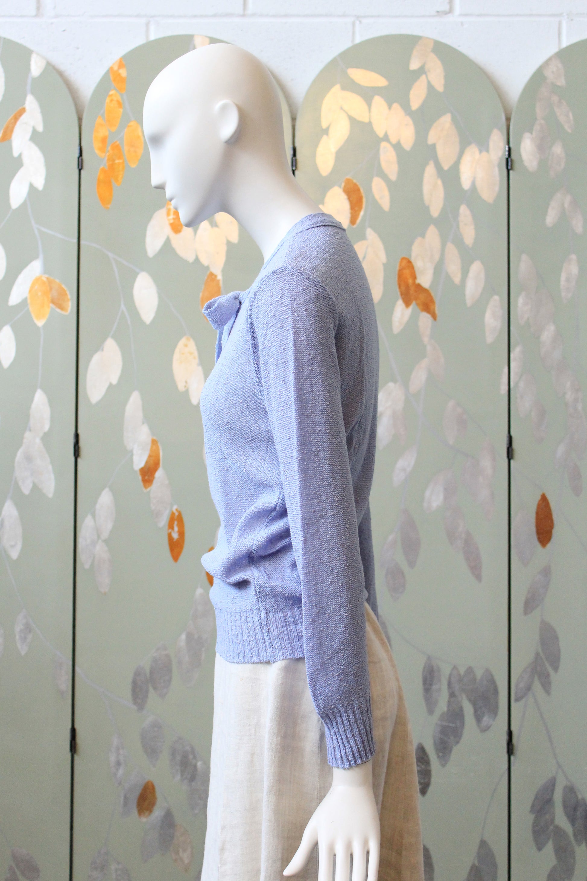 1970s Deadstock Long Sleeve Sky Blue Acrylic Knit Top With Bow , XS