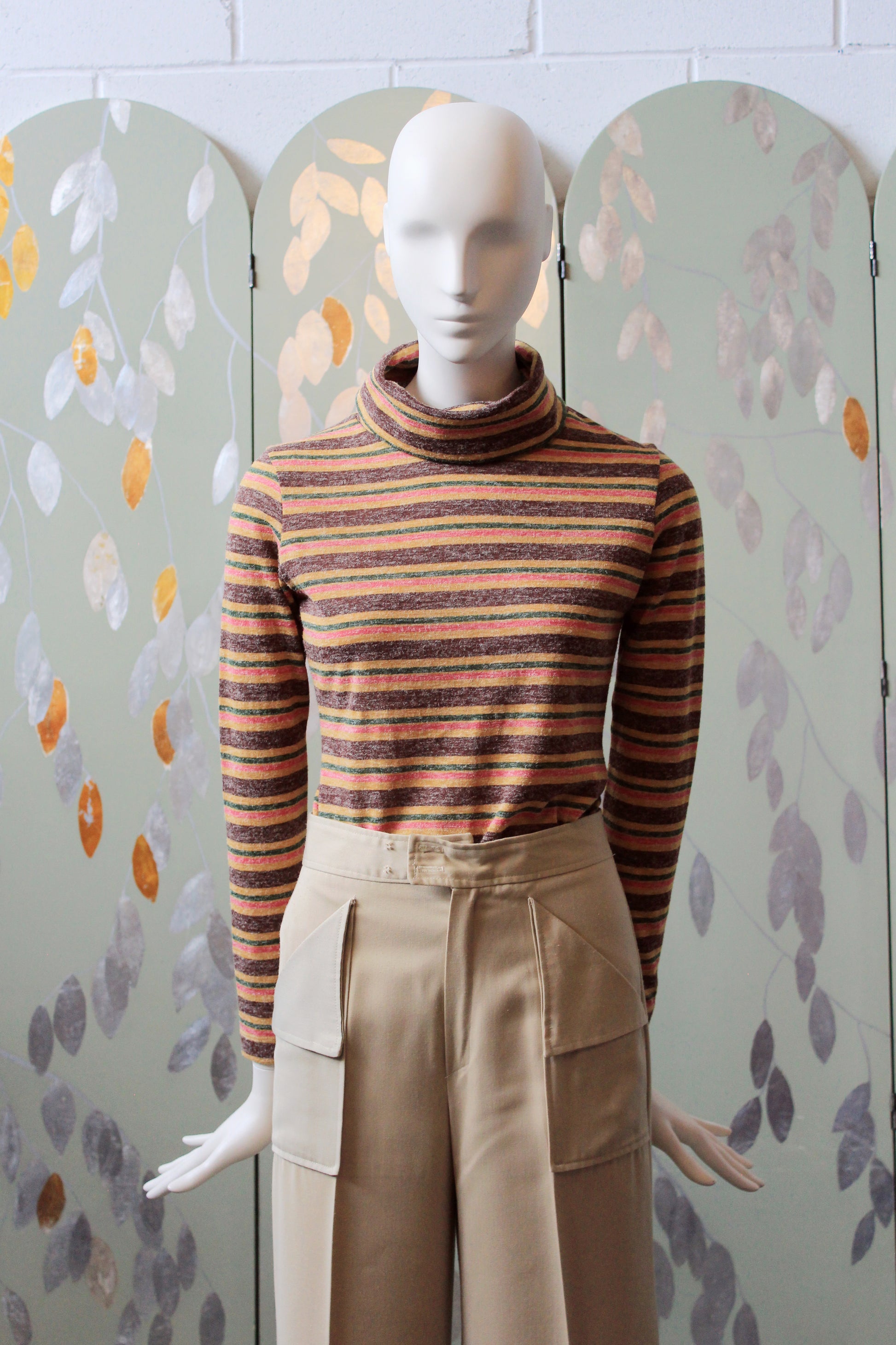 1970s Multicoloured Striped Wide Neck Long Sleeve Turtleneck, XS