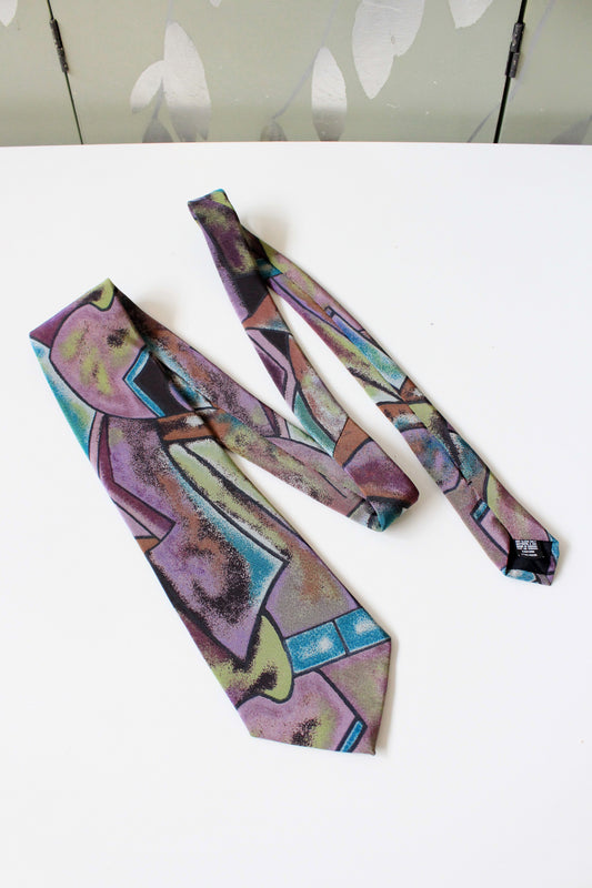 1990s Abstract Geometric Print Purple And Green Tie 