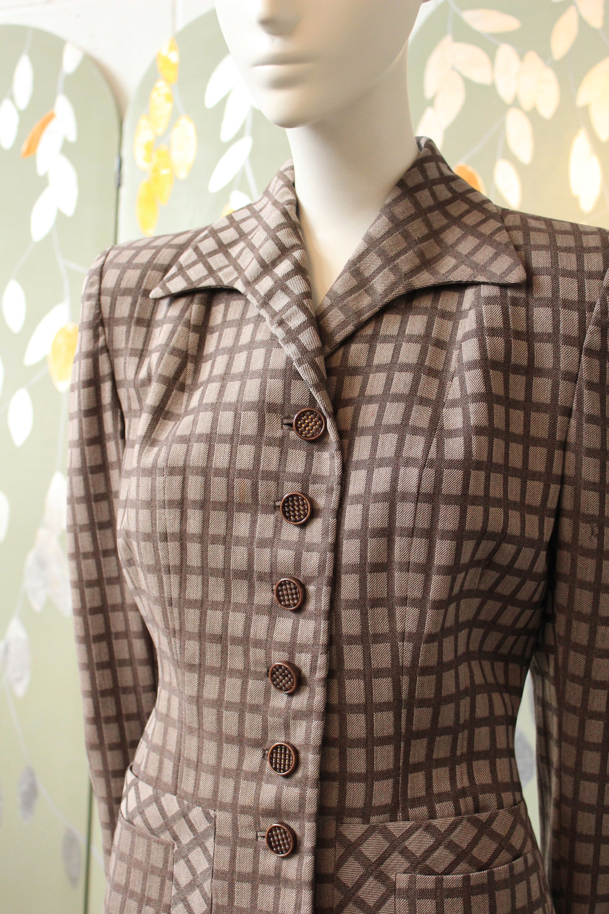 Vintage 1950s Purple And Taupe Checkered Skirt Suit Set, XS