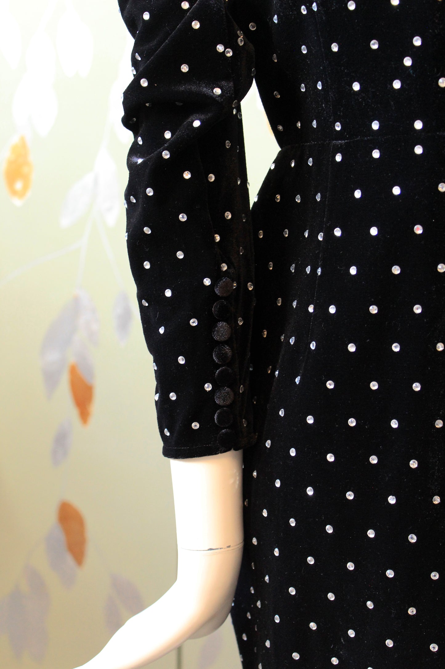 Self Portrait Black Puff Sleeve Diamanté Velvet Dress, XS