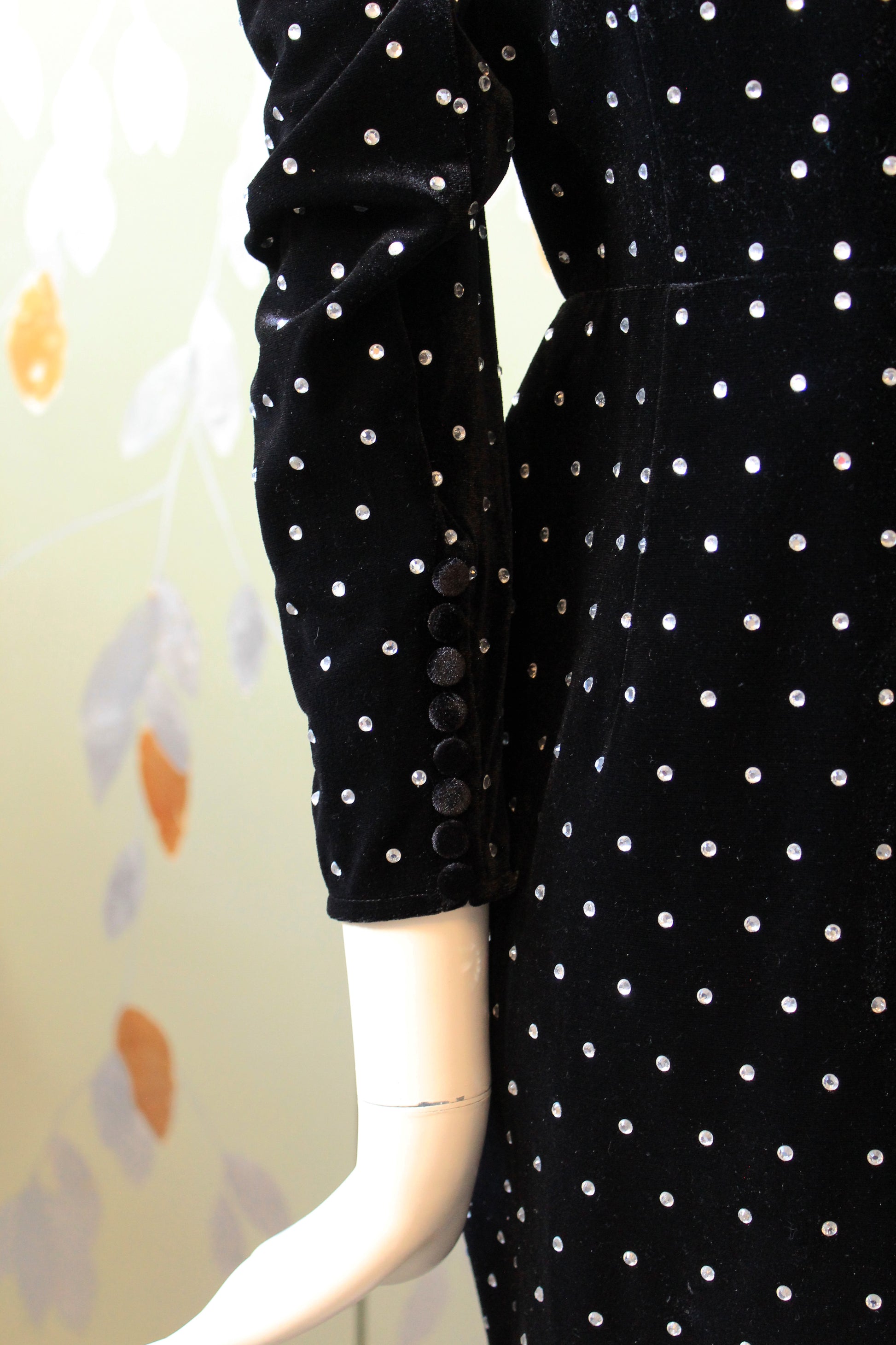 Self Portrait Black Puff Sleeve Diamanté Velvet Dress, XS