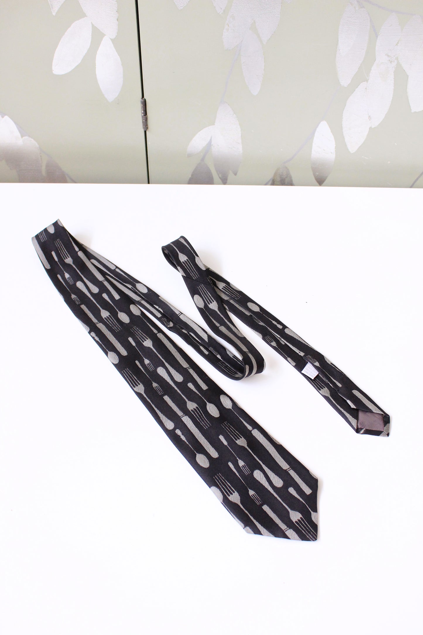 1990s Moschino Black And Silver Utensil Silk Designer Tie