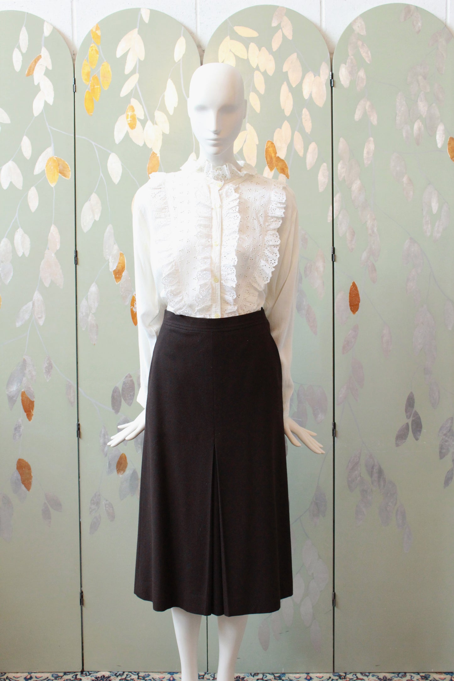 1970s YSL Brown A Line Kick Pleat Wool Skirt, Large 