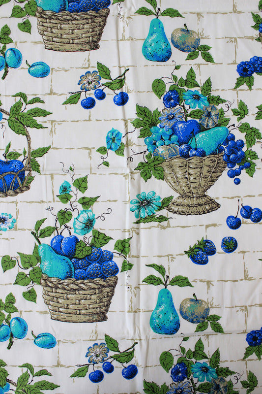 1960s Blue And Green Fruit Basket Cotton Sewing Fabric, 2 Yards
