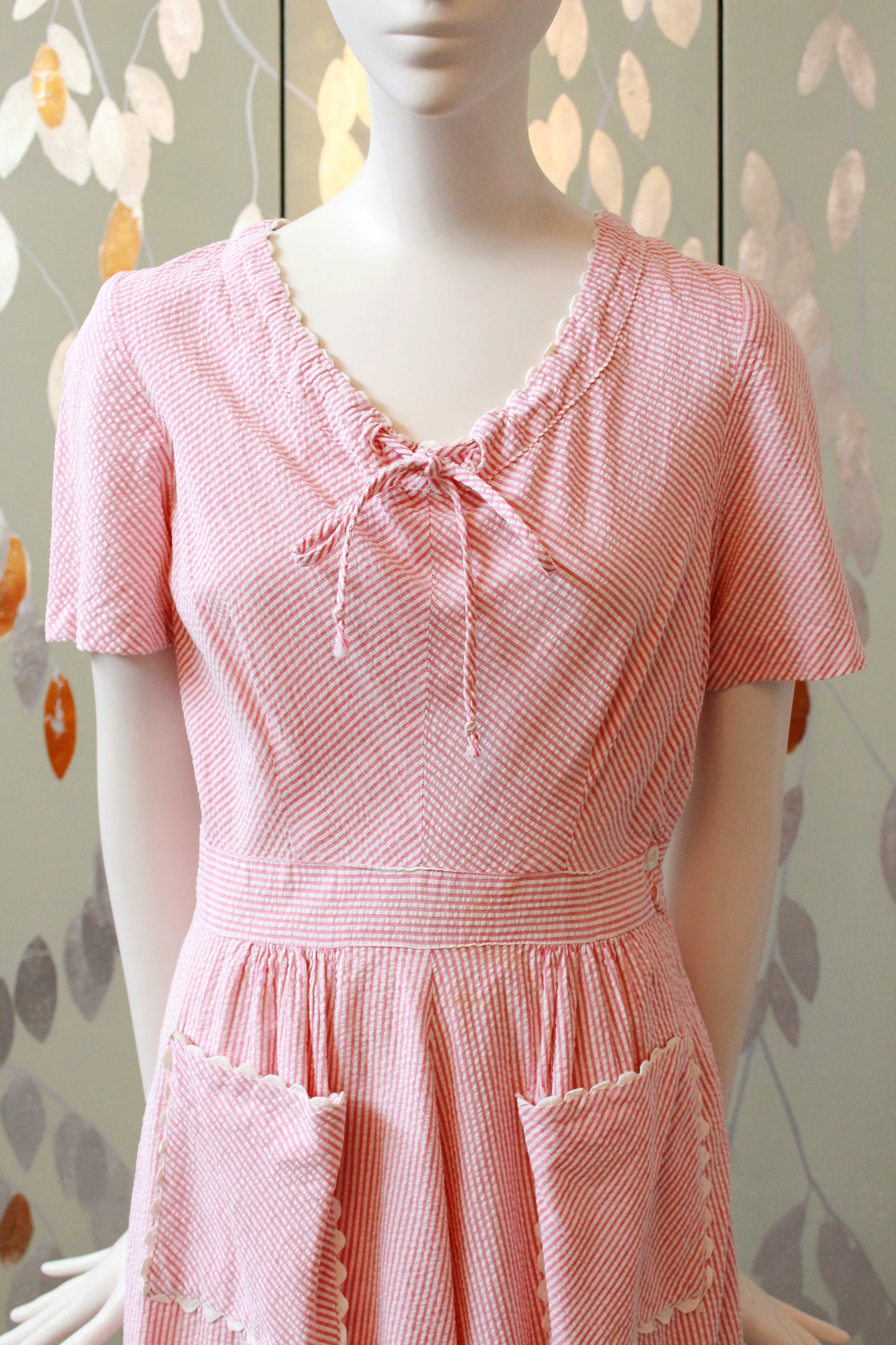 1940s Pink And White Striped Seersucker Dress, Small