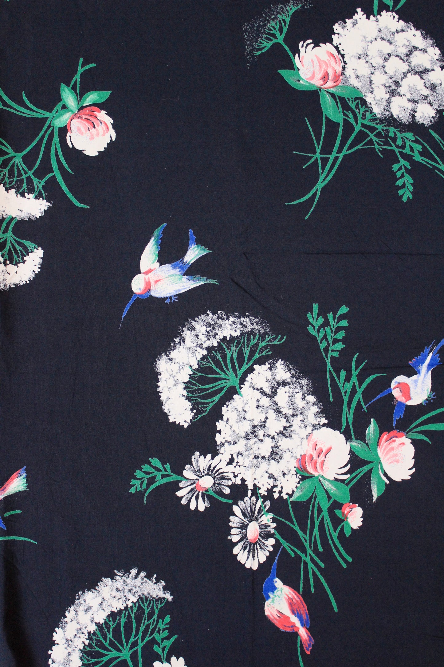1940s Navy Blue Rayon Fabric With Hummingbirds Flying Though Flowers, 4 Yards