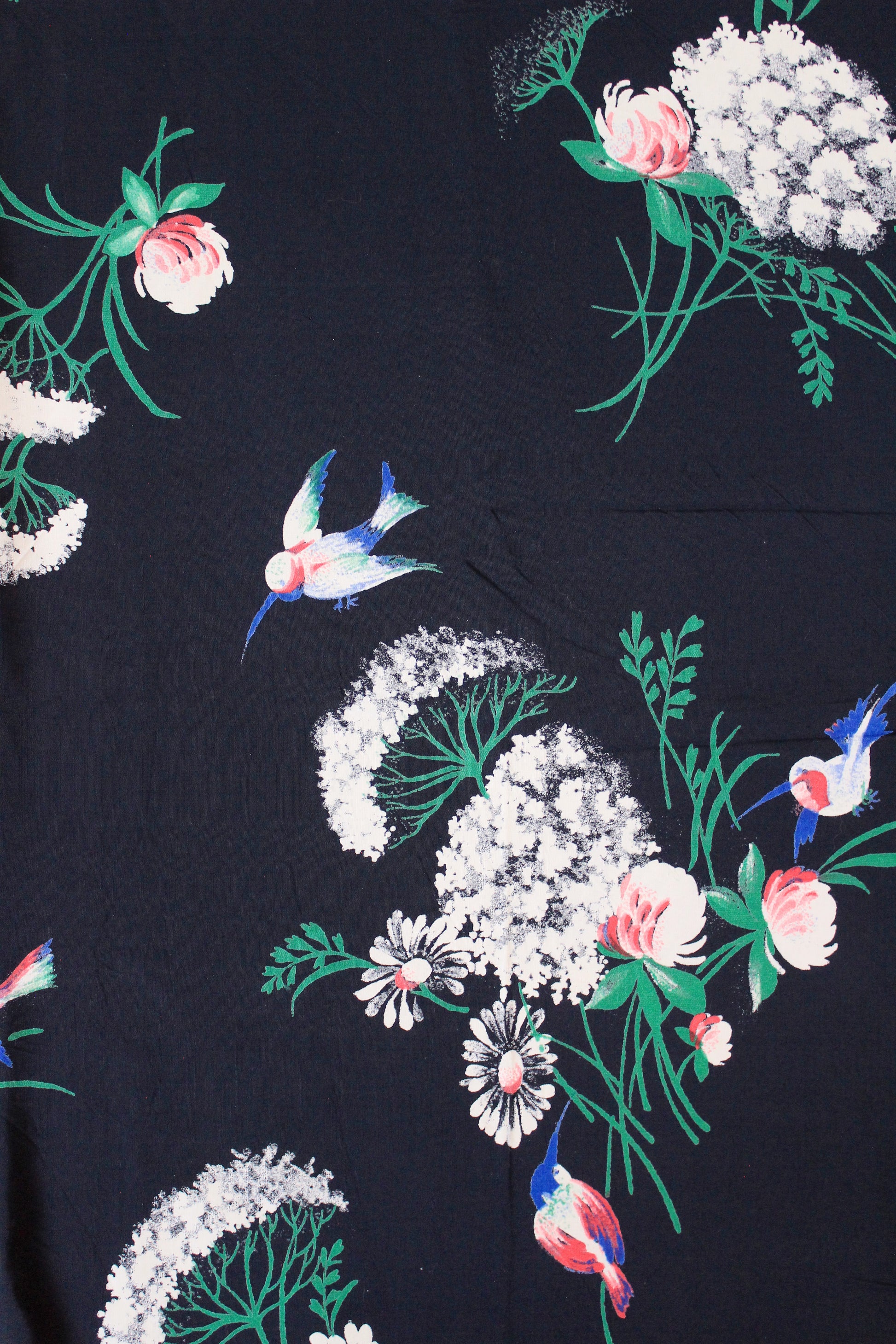 1940s Navy Blue Rayon Fabric With Hummingbirds Flying Though Flowers, 4 Yards