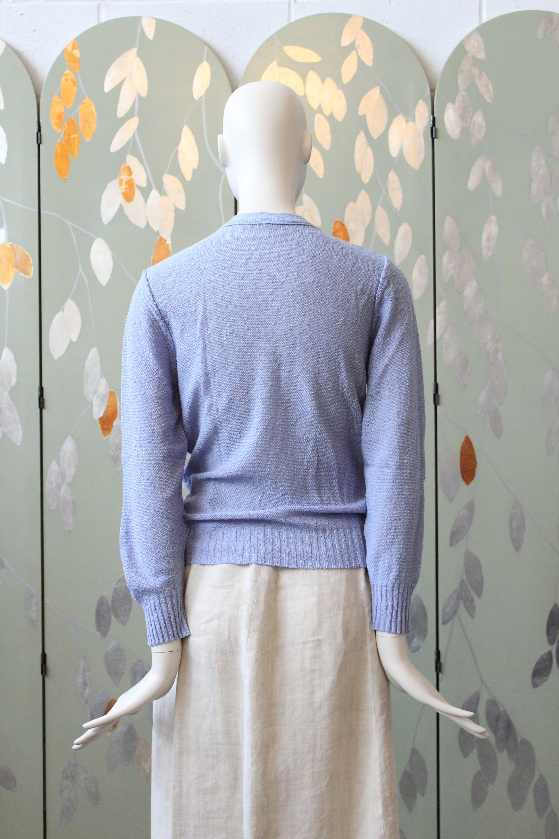 1970s Deadstock Long Sleeve Sky Blue Acrylic Knit Top With Bow , XS