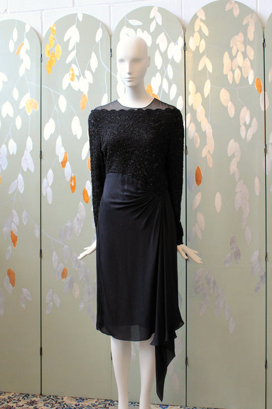 Vintage 1980s Carolina Herrera Black Lace Dress, Small