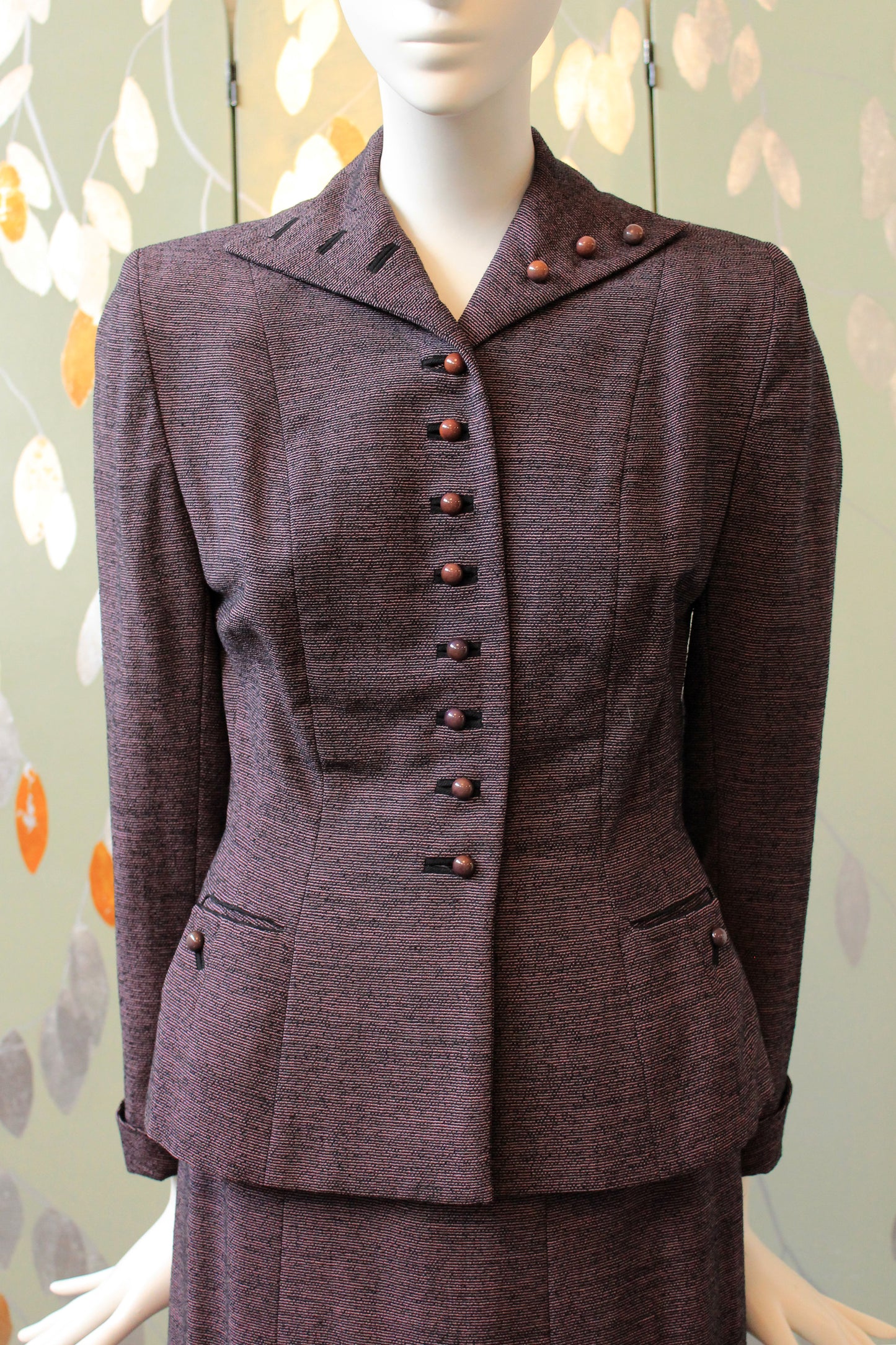 Vintage 1950s Purple/Black Small Button Virgin Wool Skirt Suit Set, XS