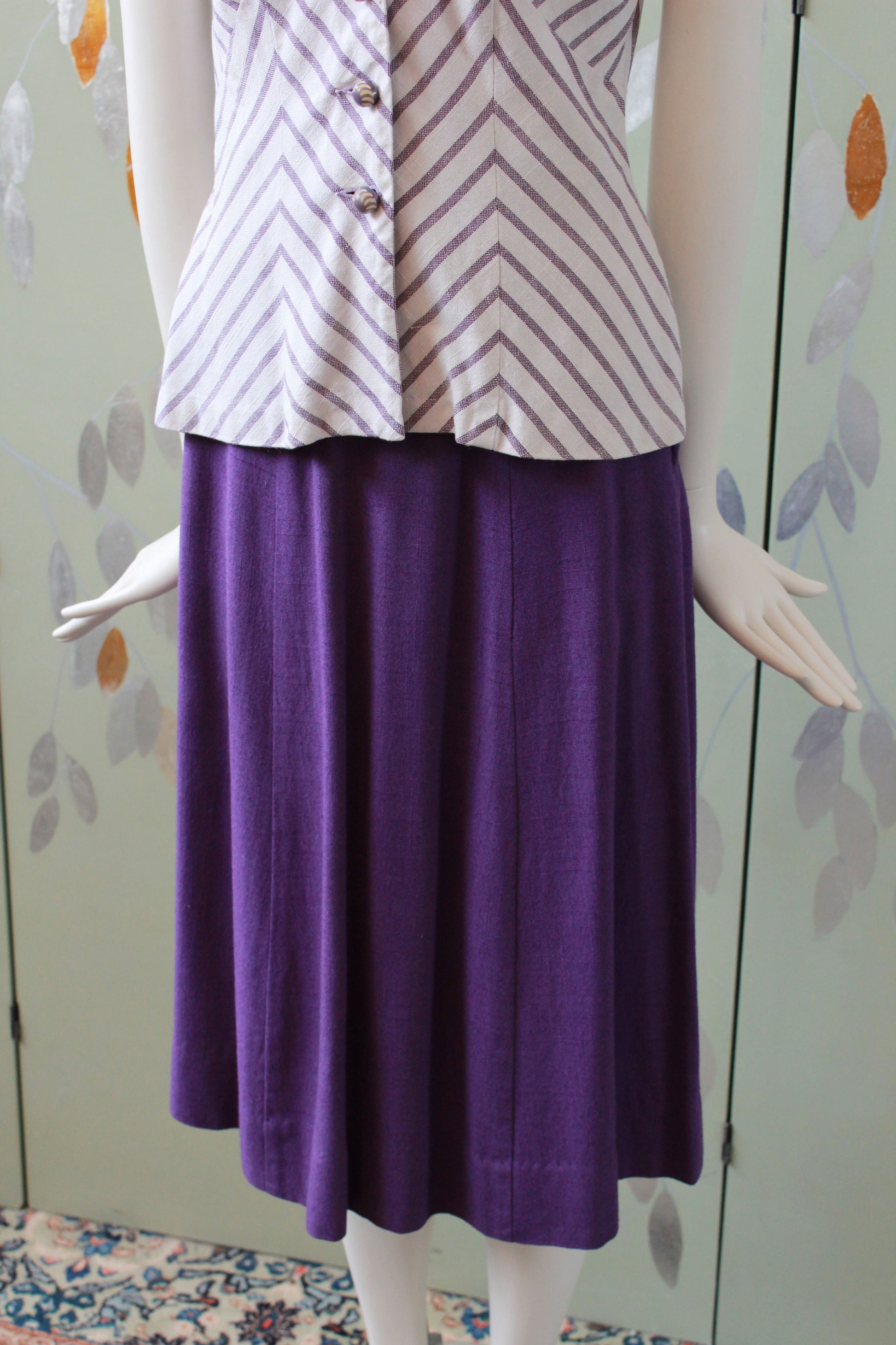 Vintage 1950s Purple Stripes Summer 2 PC Skirt Set, XS