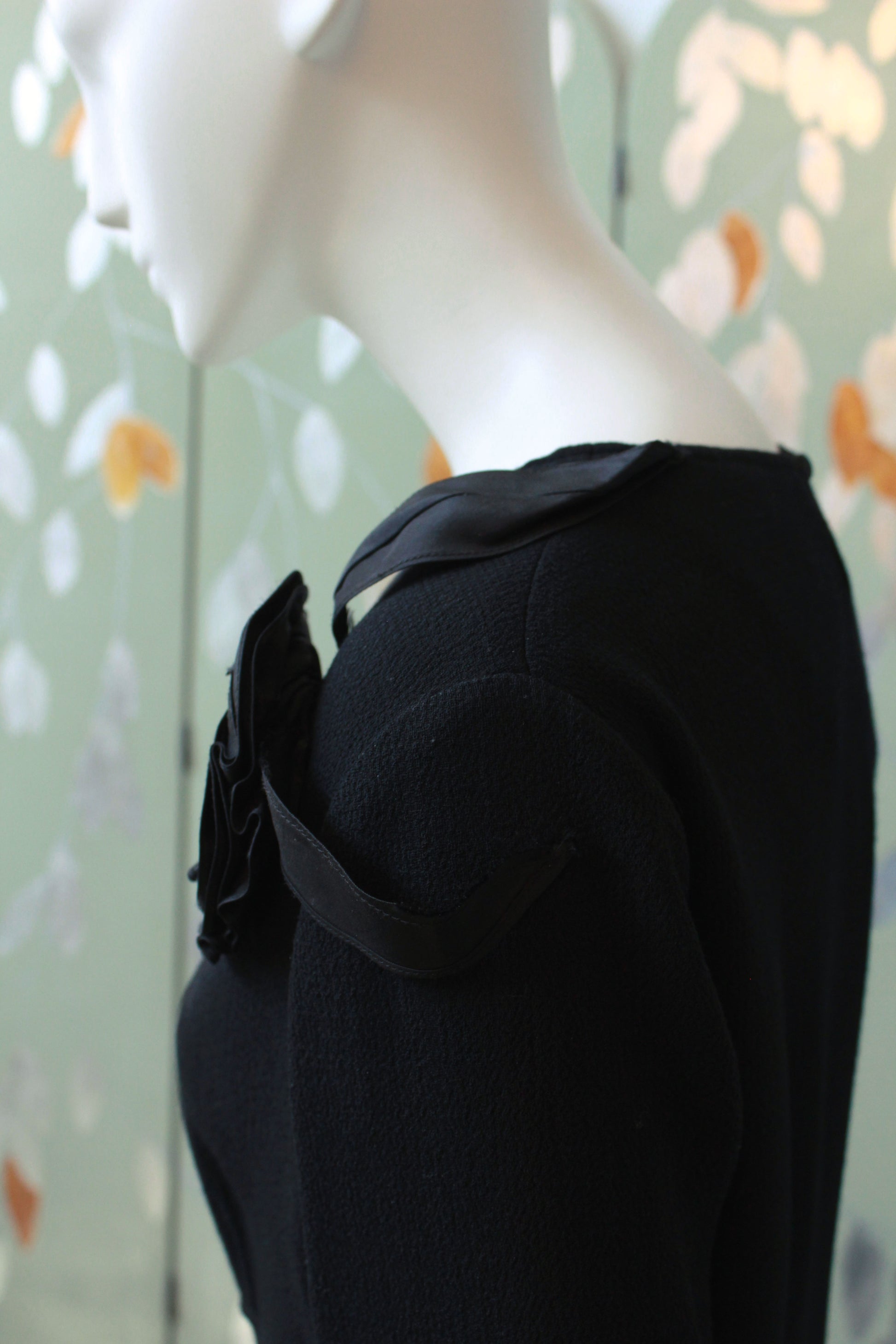 Vintage 1990s Black 3/4 Sleeve Wool Dress With Flower Detail, Rickie Freeman for Toni Jon, Medium