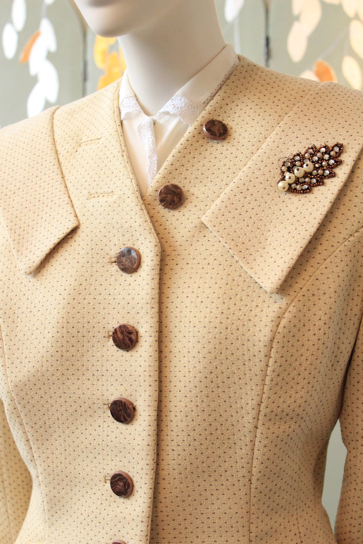 Vintage 1950s Cream and Brown Dot Skirt Suit Set With Leaf Embellishment, XS