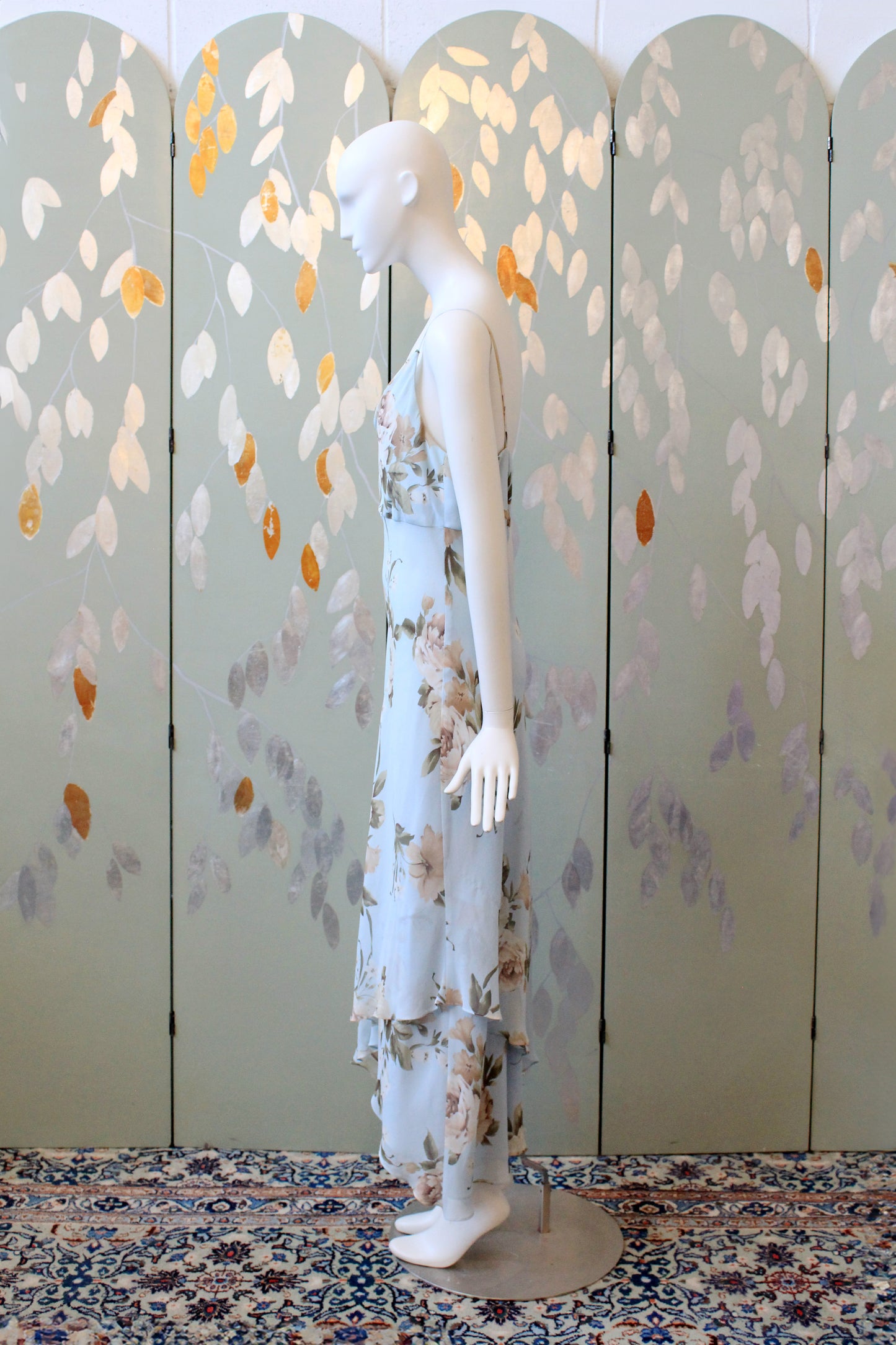 Early 2000s Ann Taylor Light Blue Floral Silk Dress, Medium 