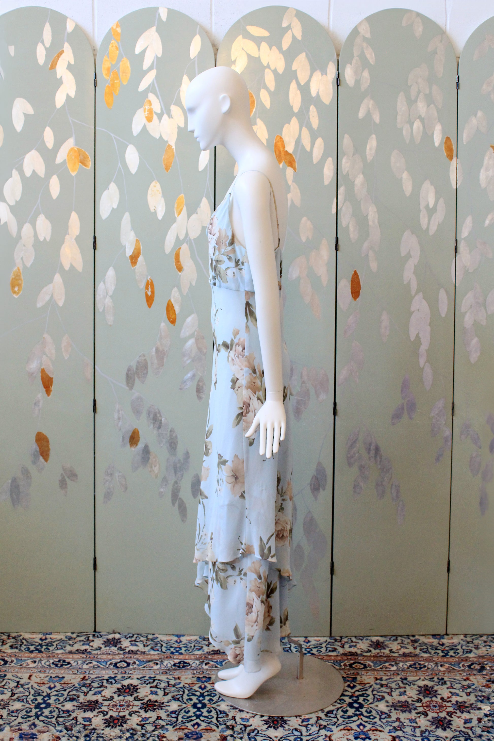 Early 2000s Ann Taylor Light Blue Floral Silk Dress, Medium 