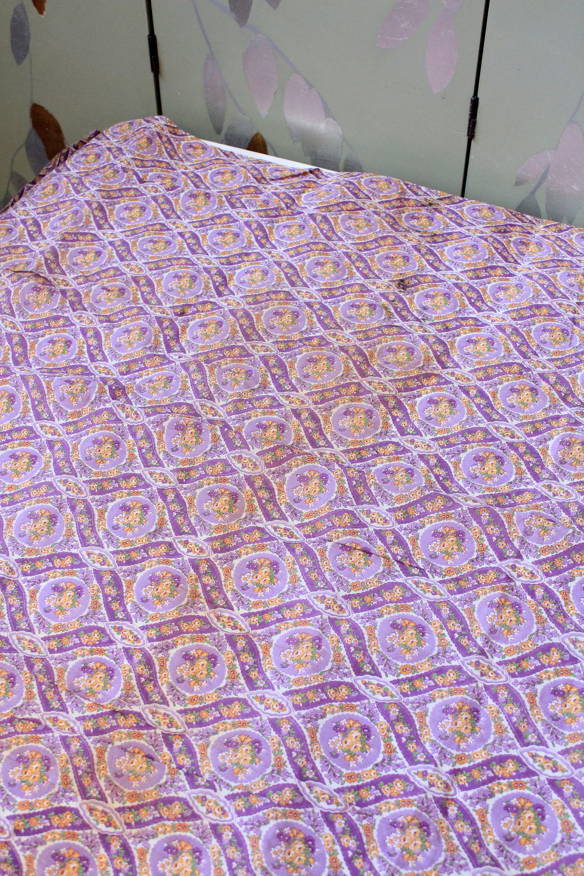 1930s Purple Cotton Sewing Fabric With Orange Flowers , 3.4 Yards