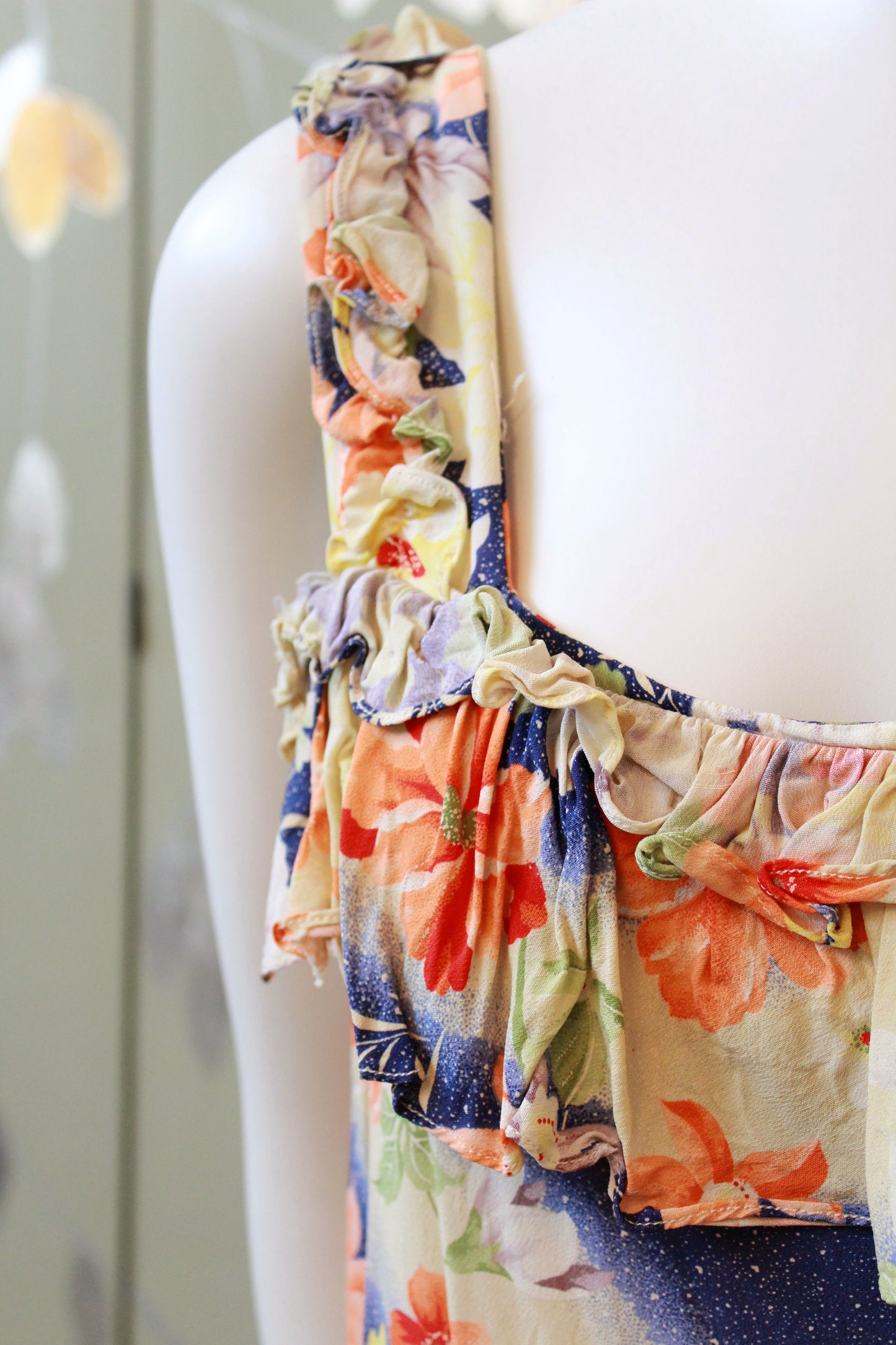 1930s Bias Cut Yellow And Orange Floral Gown With Train, Small