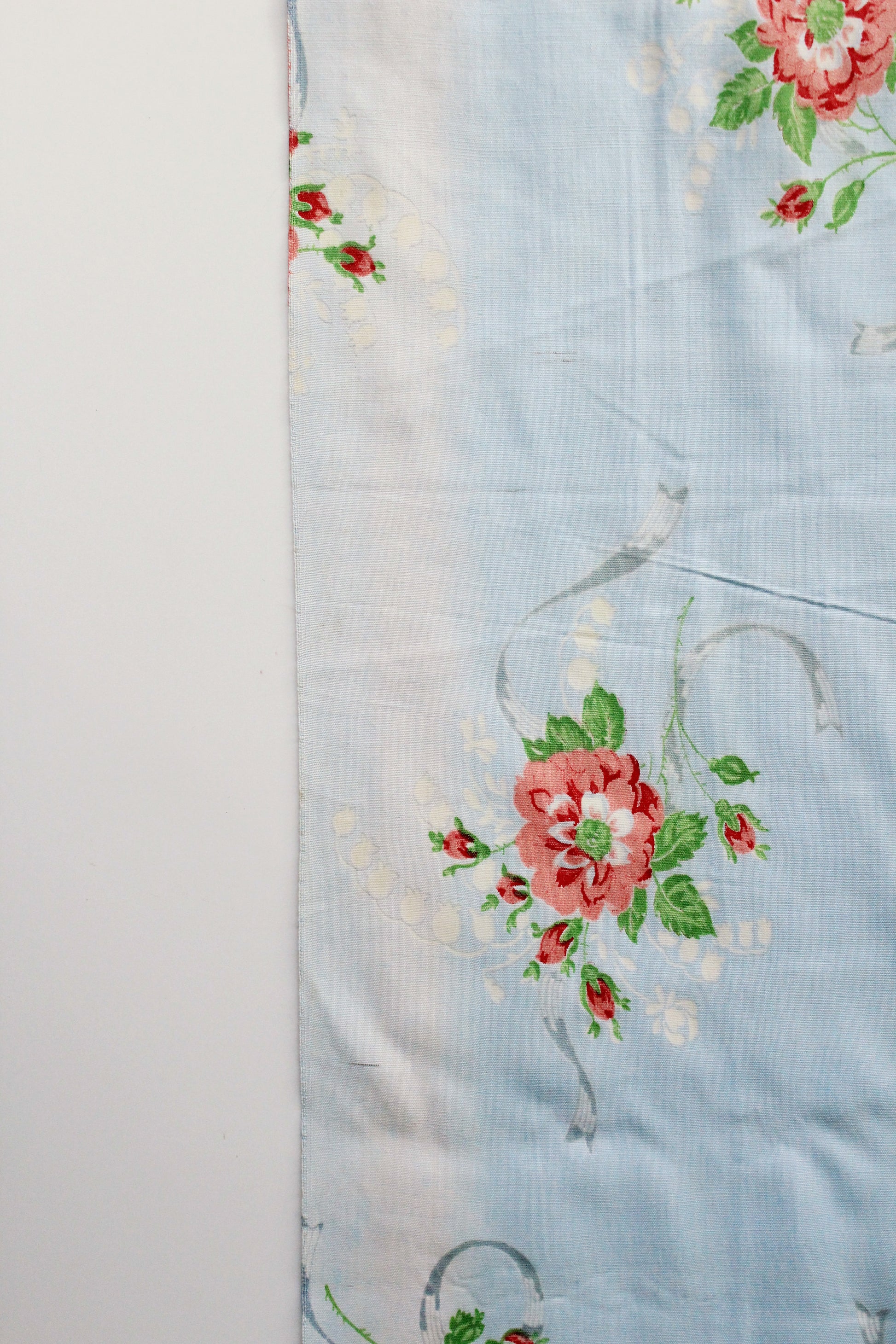 1940s Light Blue Cotton Fabric With Pink Flowers, 9 Yards