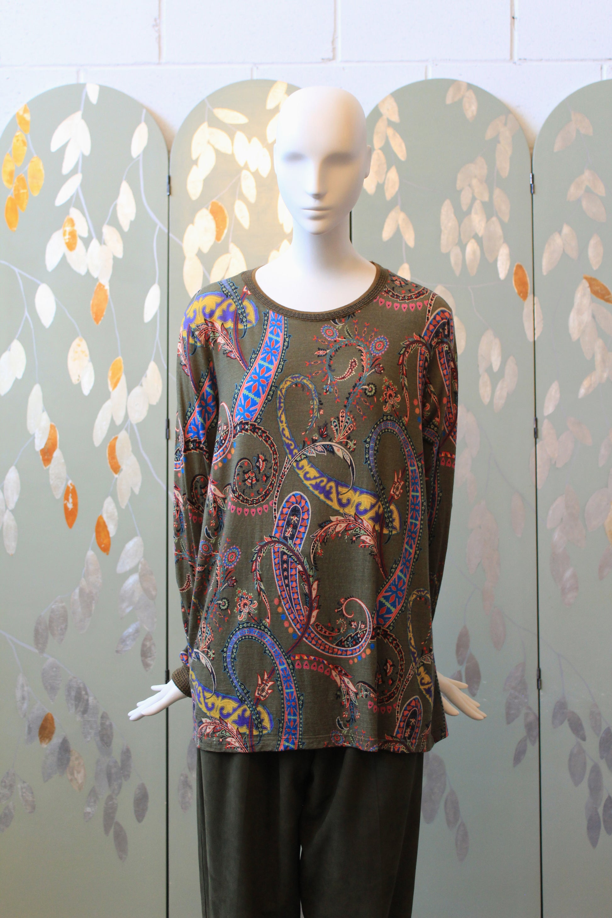 Early 2000s Olive Green Etro Long Sleeve Paisley Print Cotton Long Sleeve Top, Large