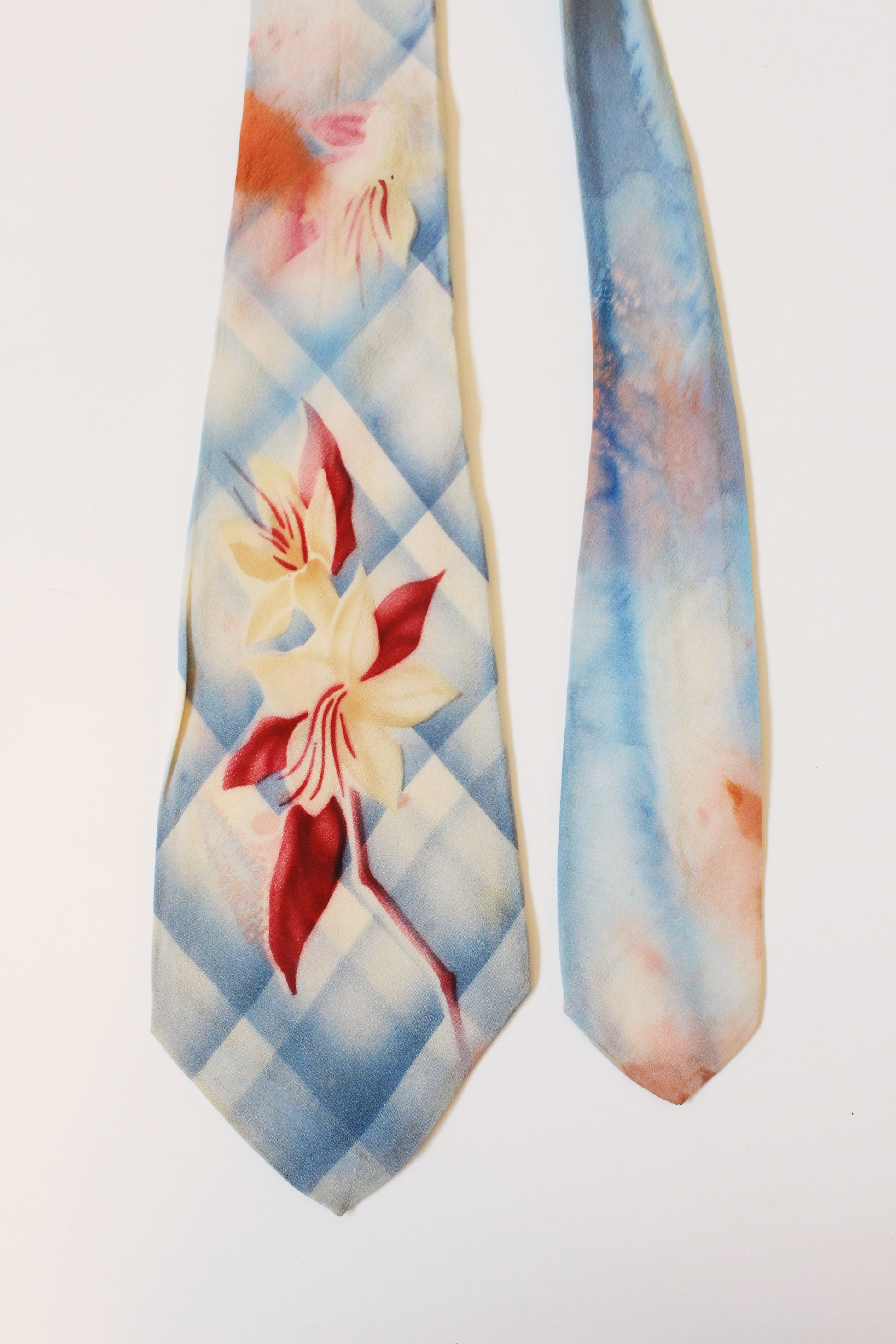 Vintage 1950s Light Blue Tie Dye Like Floral Hand Painted Tie