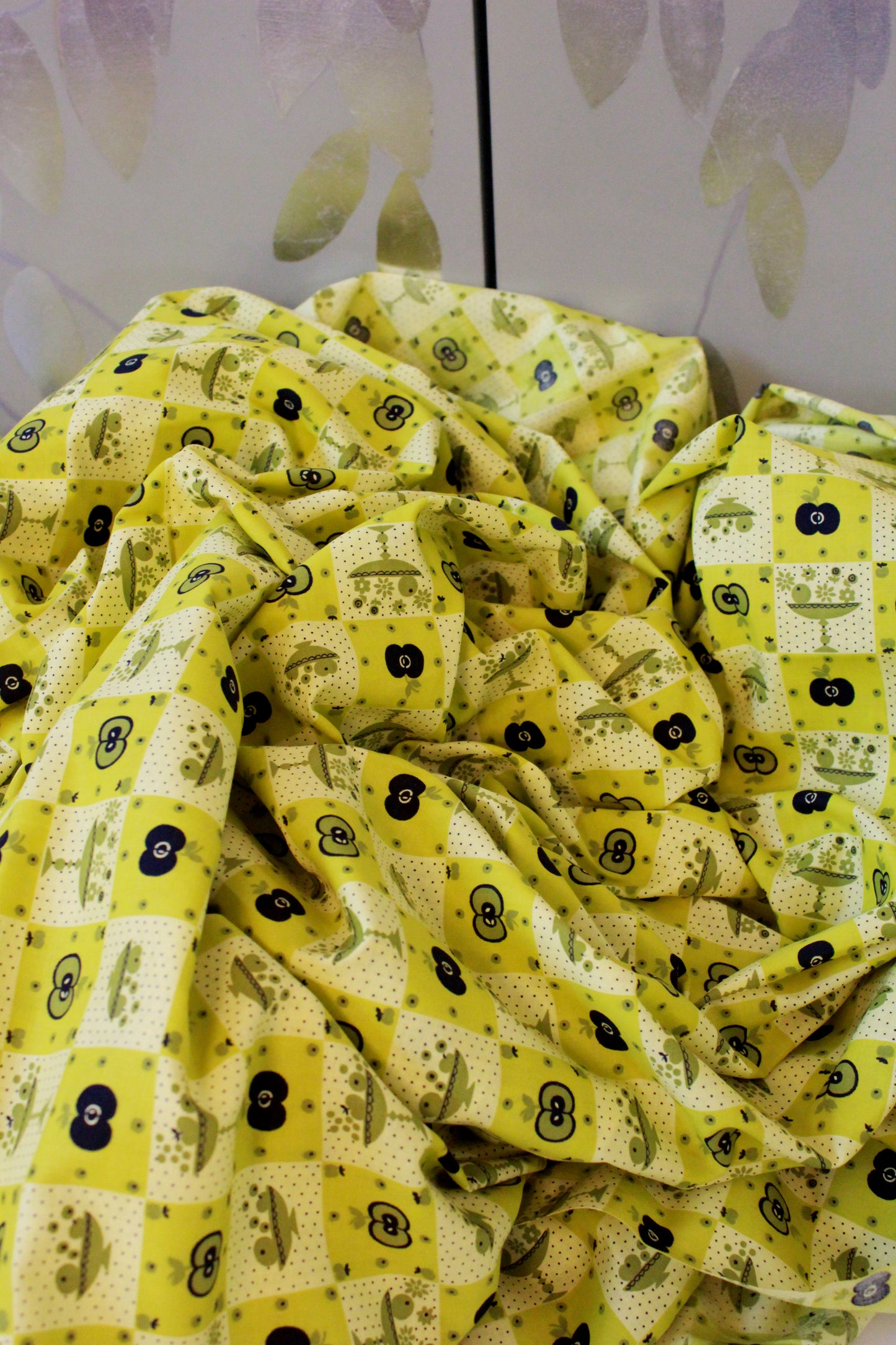 Vintage 1970s Lime Green Checkered Fruit Cotton Fabric, 8.5 Yards