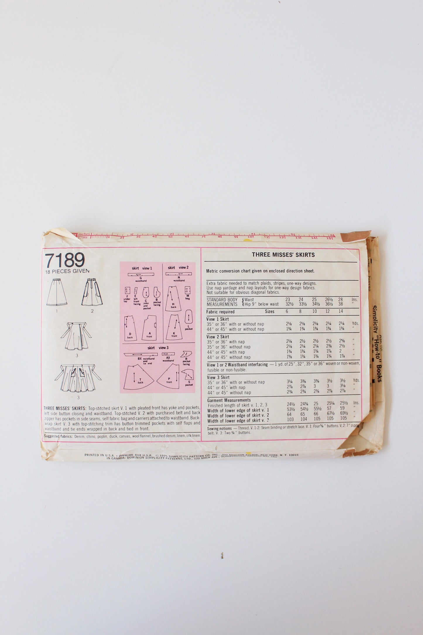 1970s Trio Design Skirt Simplicity 7189 Sewing Pattern, Partially Cut, Size 10