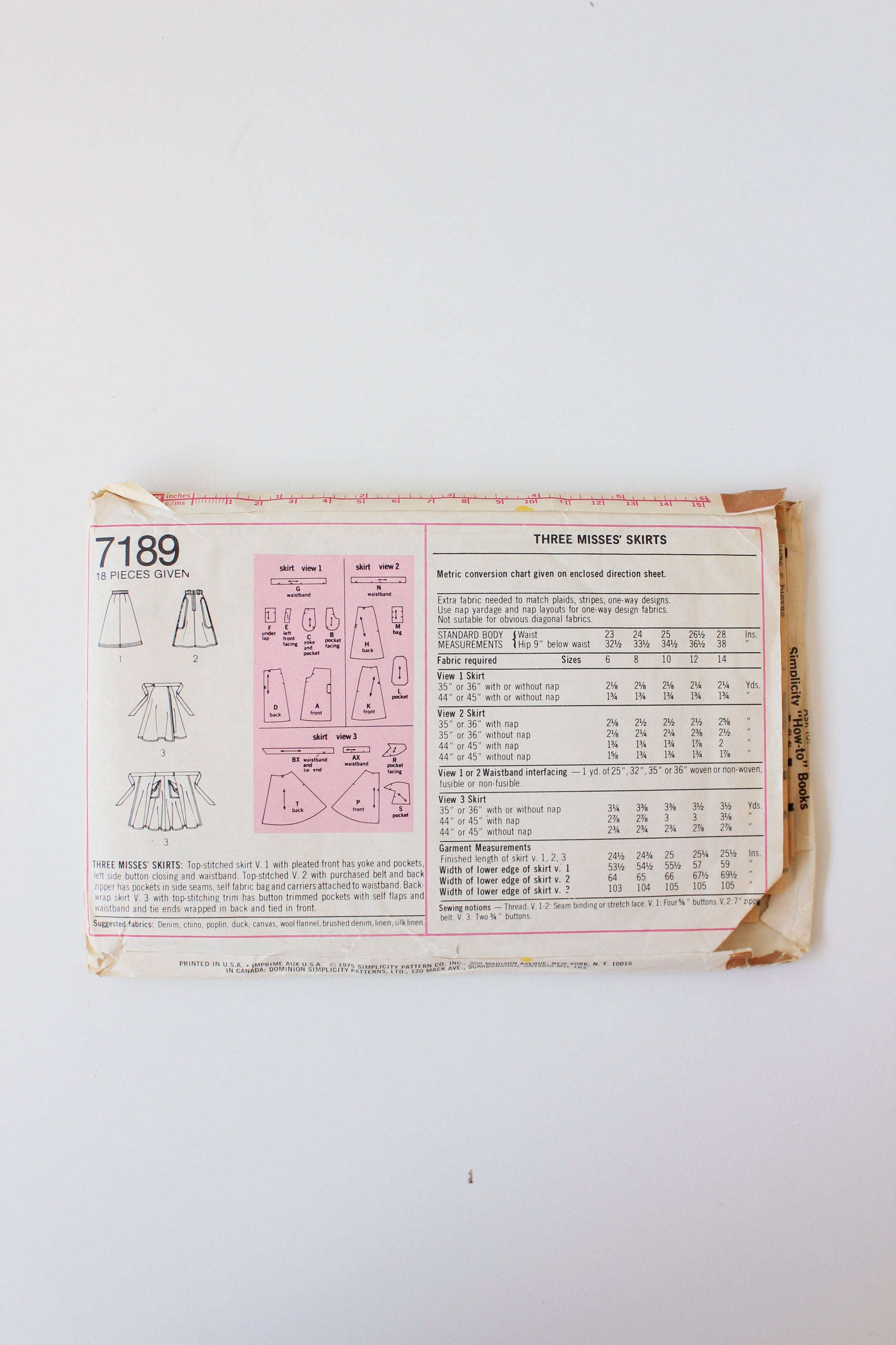 1970s Trio Design Skirt Simplicity 7189 Sewing Pattern, Partially Cut, Size 10