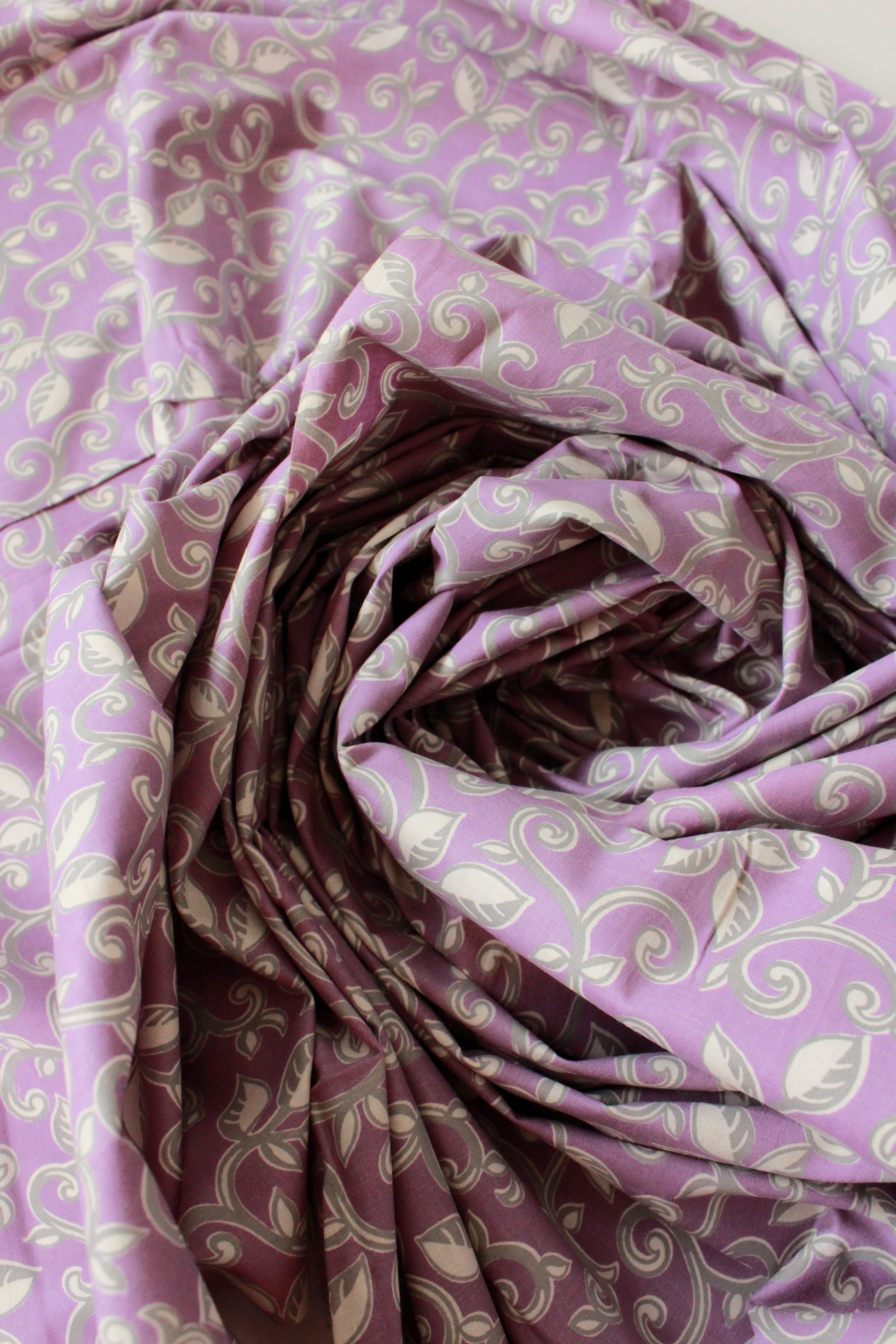 Vintage 1950s Purple/Grey Leaf And Vintage Cotton Fabric, 3.9 Yards