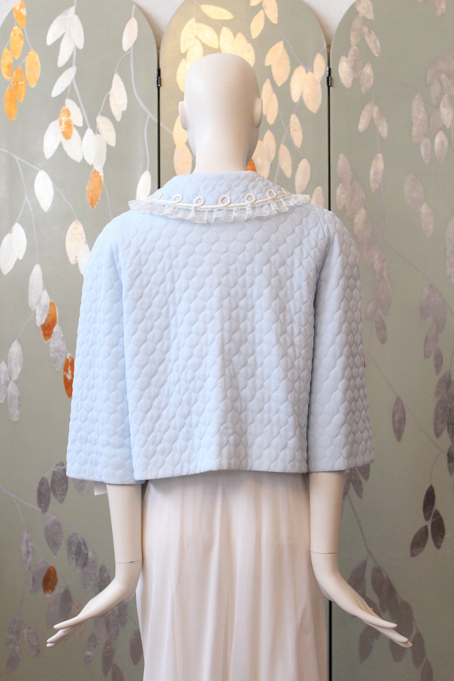 1960s Light Blue Quilted Bed Jacket With Collar, S/M