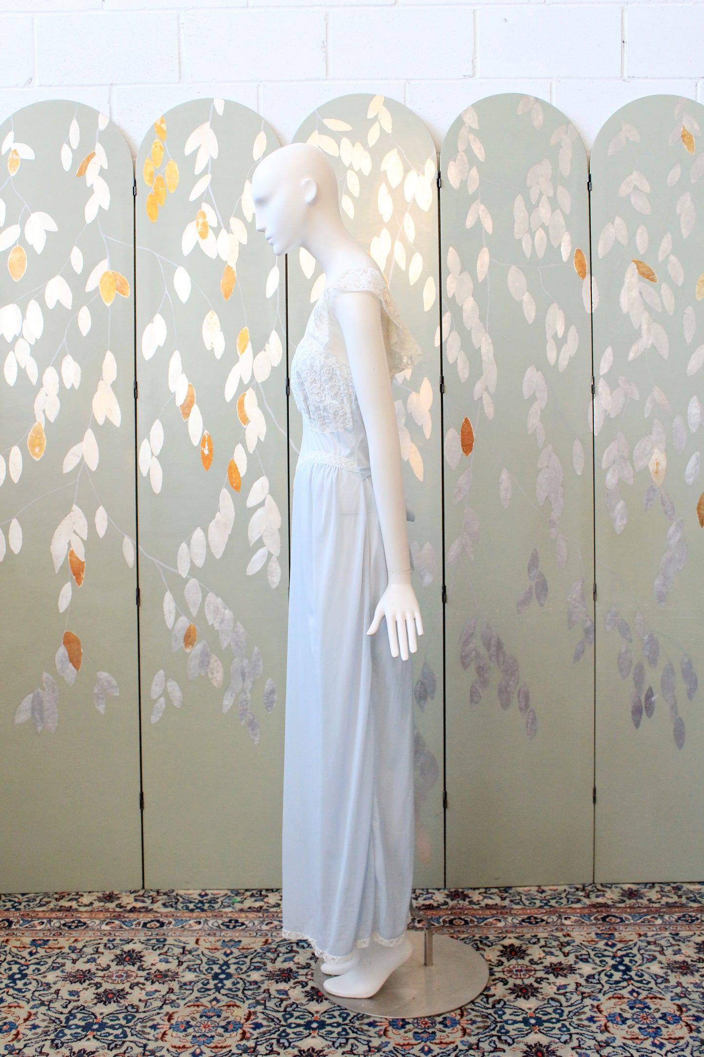 1950s Light Blue Ankle Length Nightgown With Lace Trim, Small