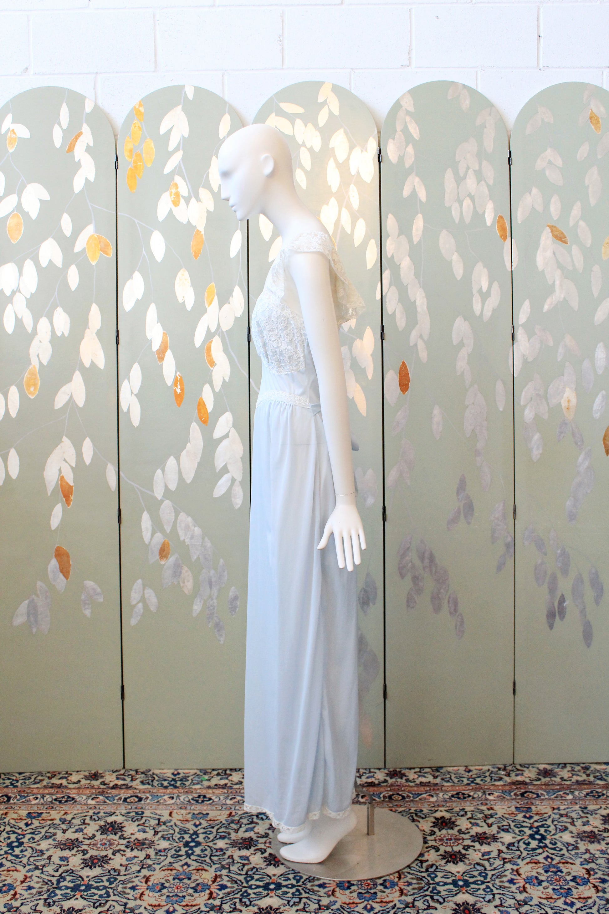 1950s Light Blue Ankle Length Nightgown With Lace Trim, Small