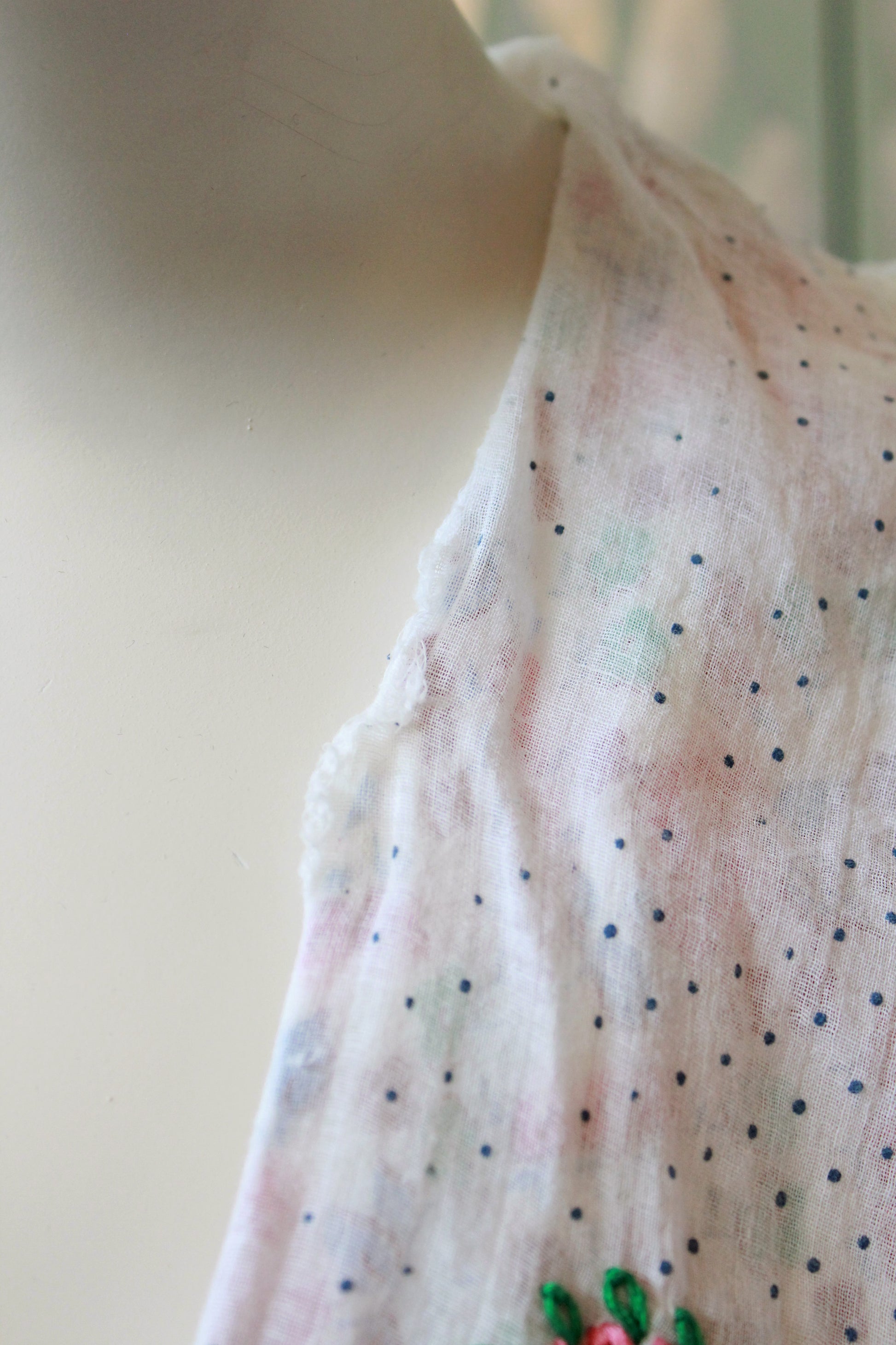 1940s  Floral Cotton Wrap House Dress With Embroidery, Medium