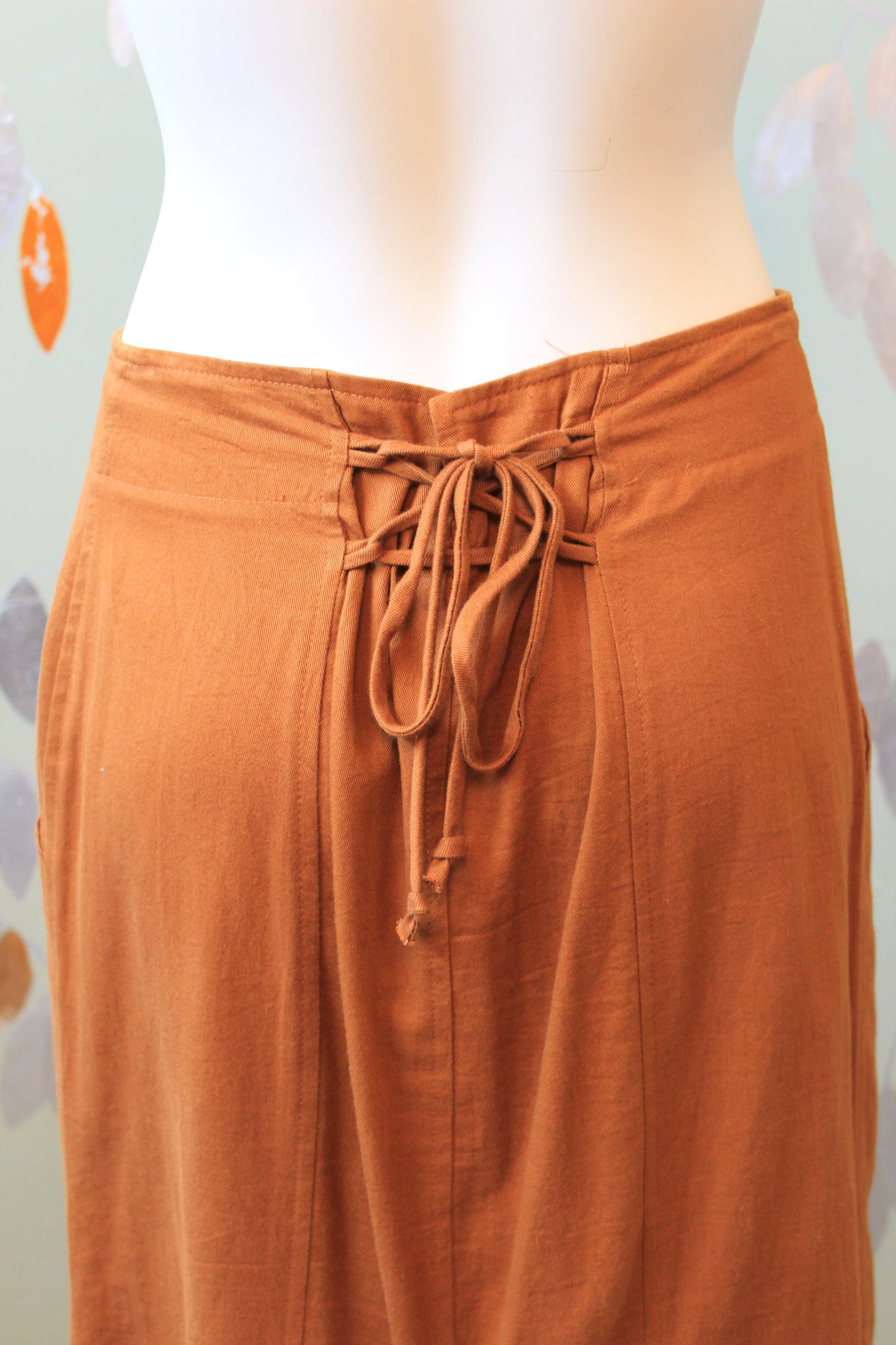 1980s Casual Boho Tan Lace Up Contempo Casuals Skirt, Small/Medium