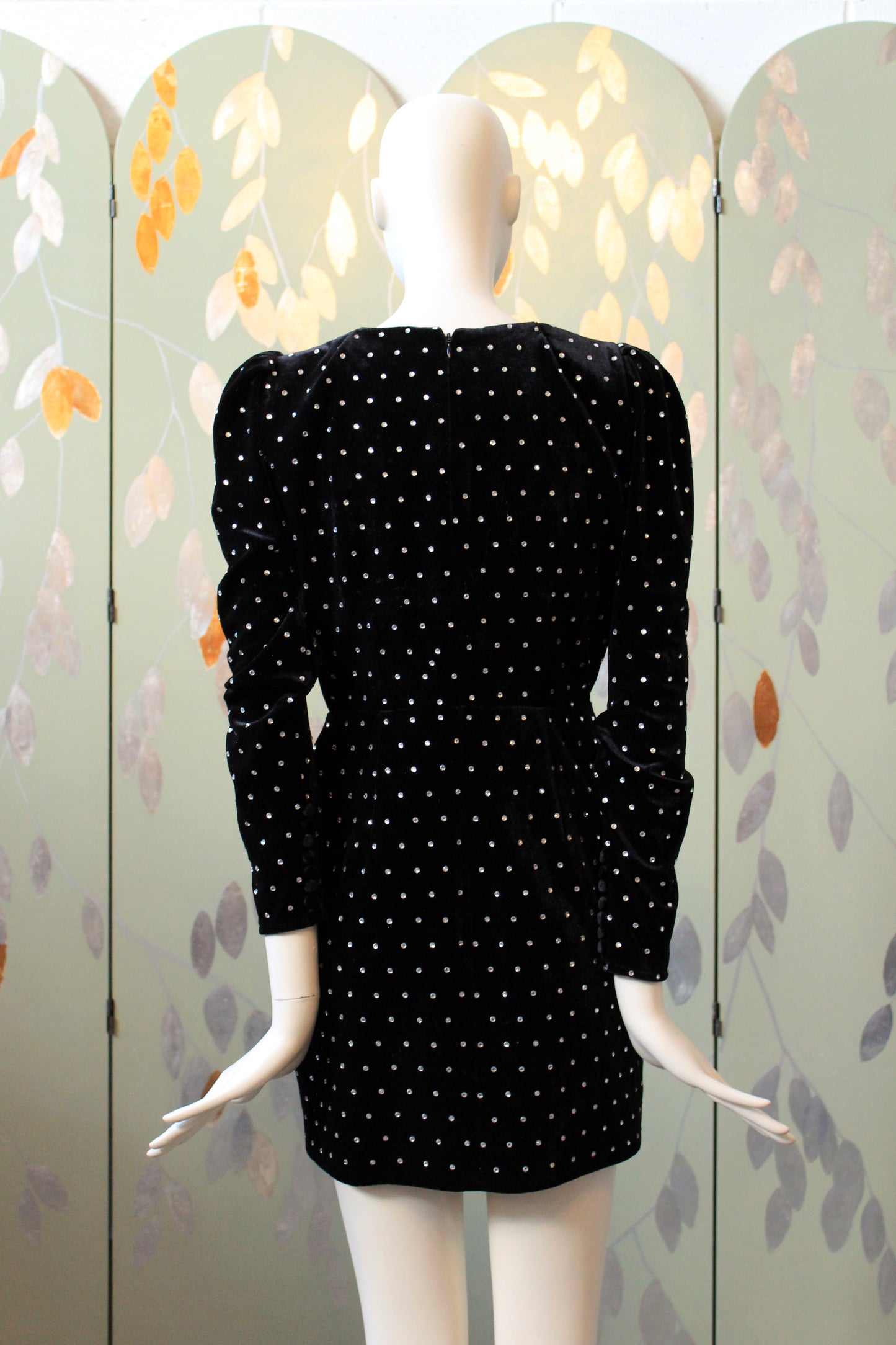 Self Portrait Black Puff Sleeve Diamanté Velvet Dress, XS